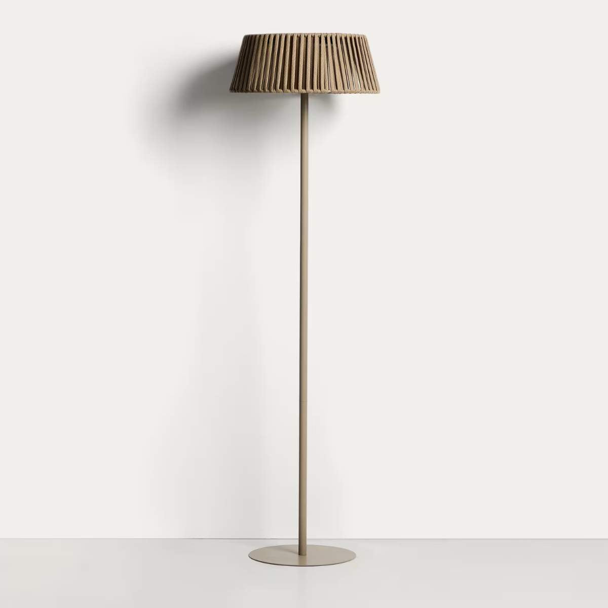 Kave Home Aldet outdoor solar floor lamp in terracotta flat rope cord with metal stand Ø46cm
