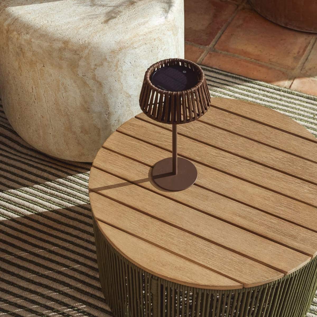 Kave Home Aldet outdoor solar table lamp in terracotta flat rope cord with metal stand