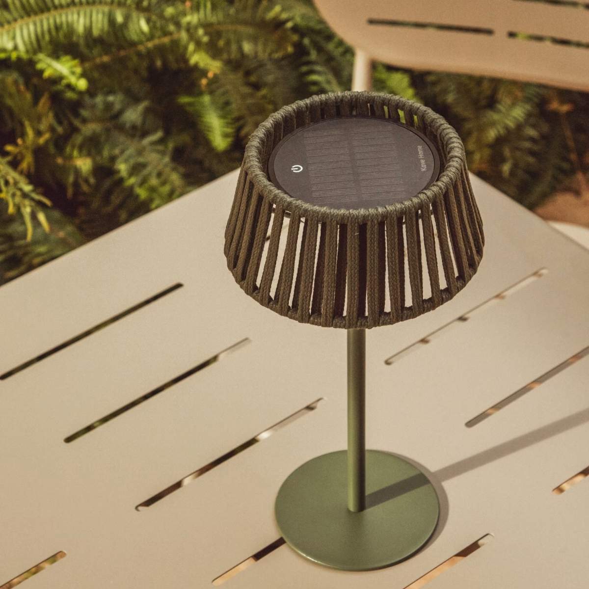 Kave Home Aldet outdoor solar table lamp in terracotta flat rope cord with metal stand