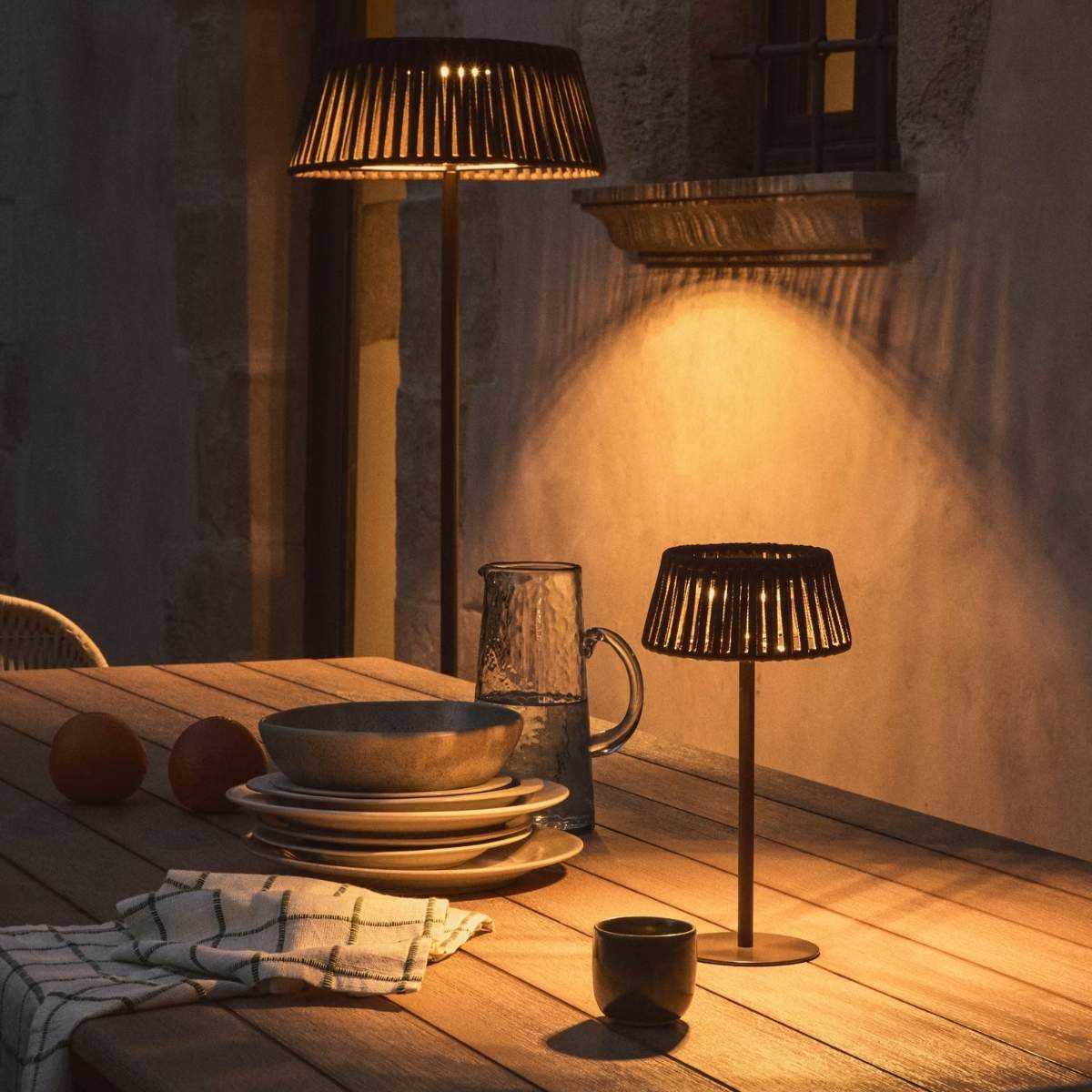 Kave Home Aldet outdoor solar table lamp in terracotta flat rope cord with metal stand