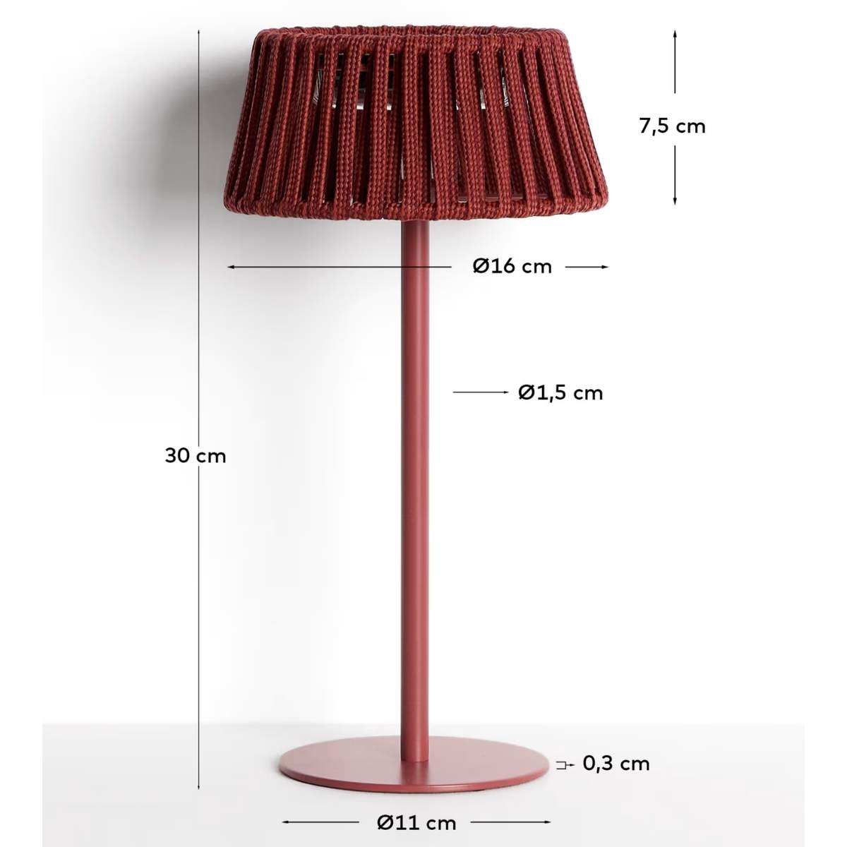 Kave Home Aldet outdoor solar table lamp in terracotta flat rope cord with metal stand