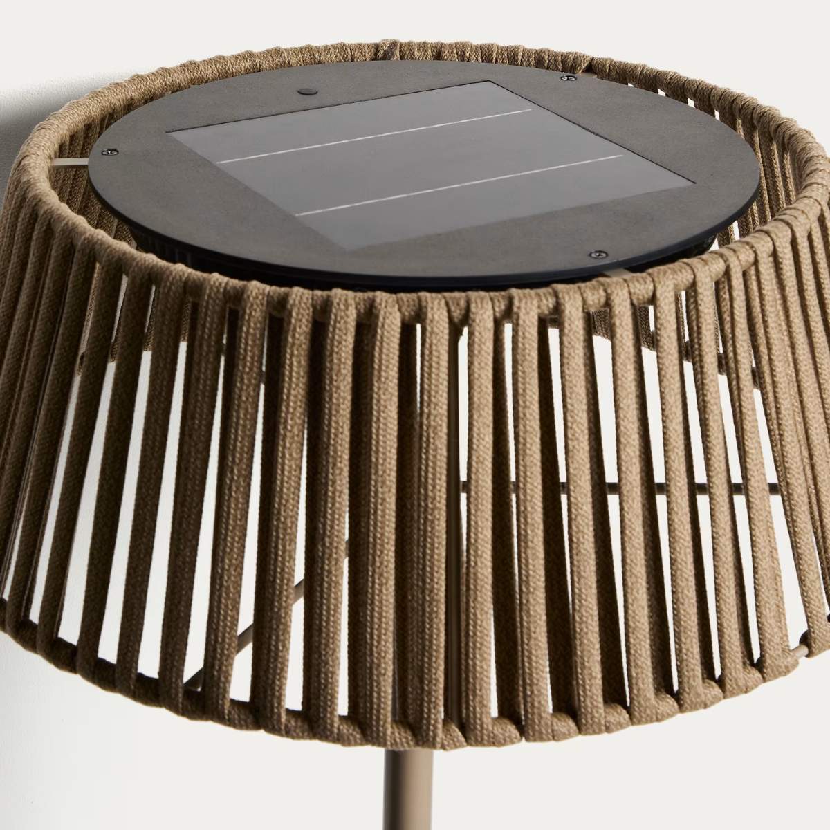 Kave Home Aldet outdoor solar floor lamp in terracotta flat rope cord with metal stand Ø46cm
