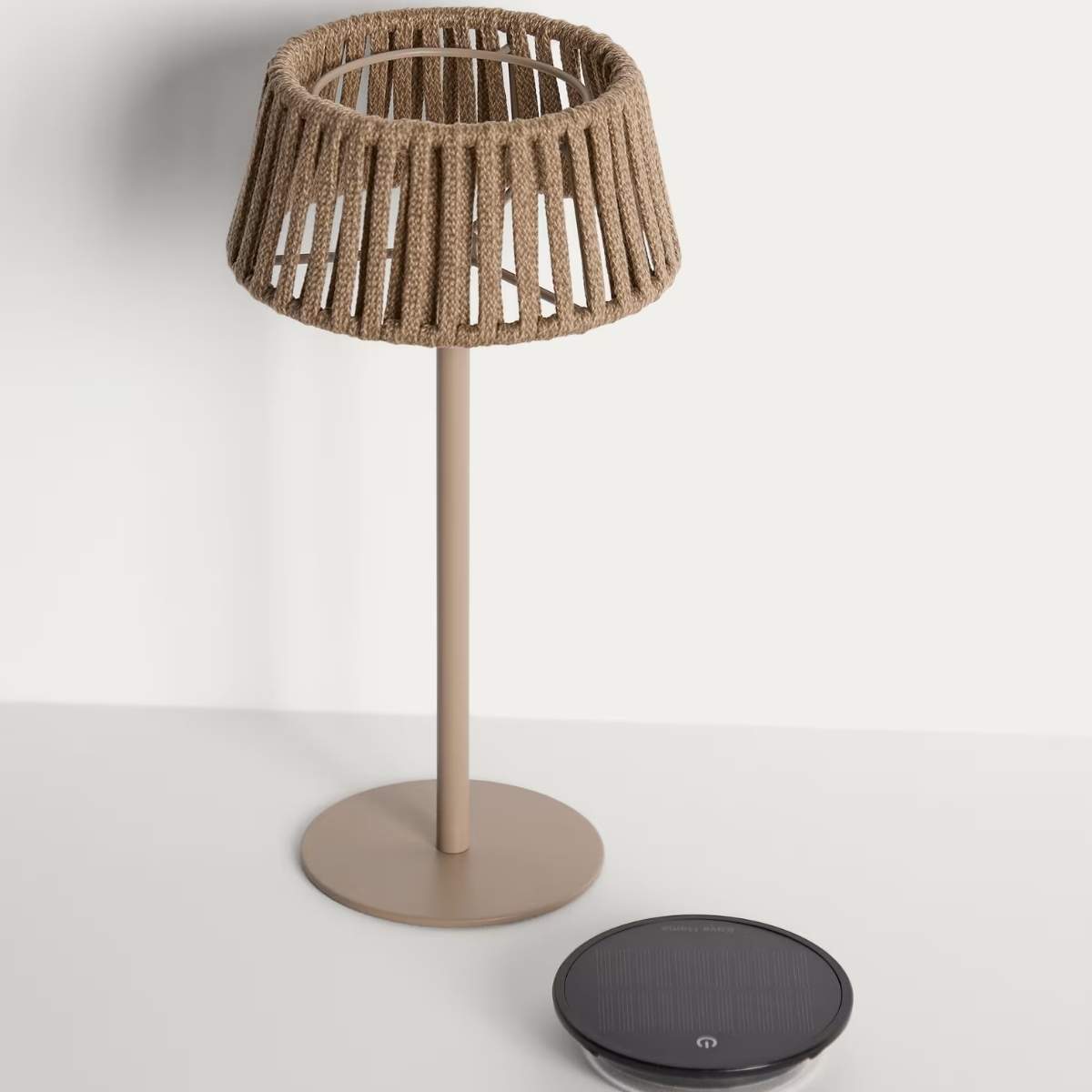 Kave Home Aldet outdoor solar table lamp in terracotta flat rope cord with metal stand