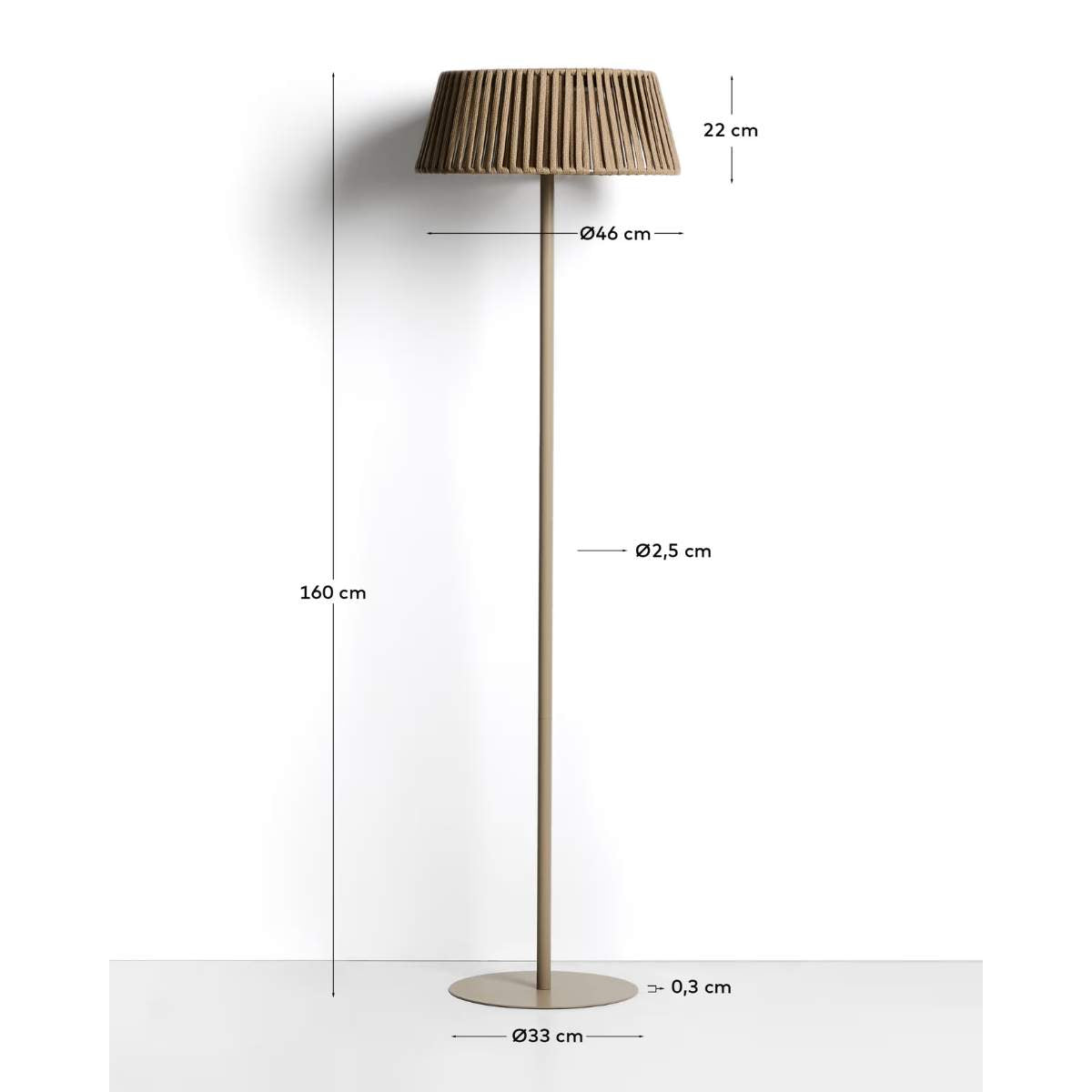 Kave Home Aldet outdoor solar floor lamp in terracotta flat rope cord with metal stand Ø46cm