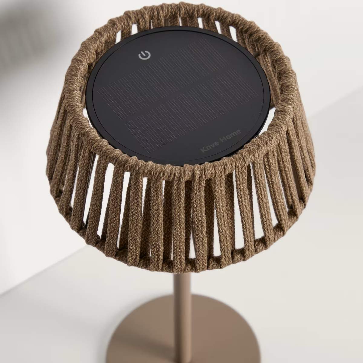 Kave Home Aldet outdoor solar table lamp in terracotta flat rope cord with metal stand