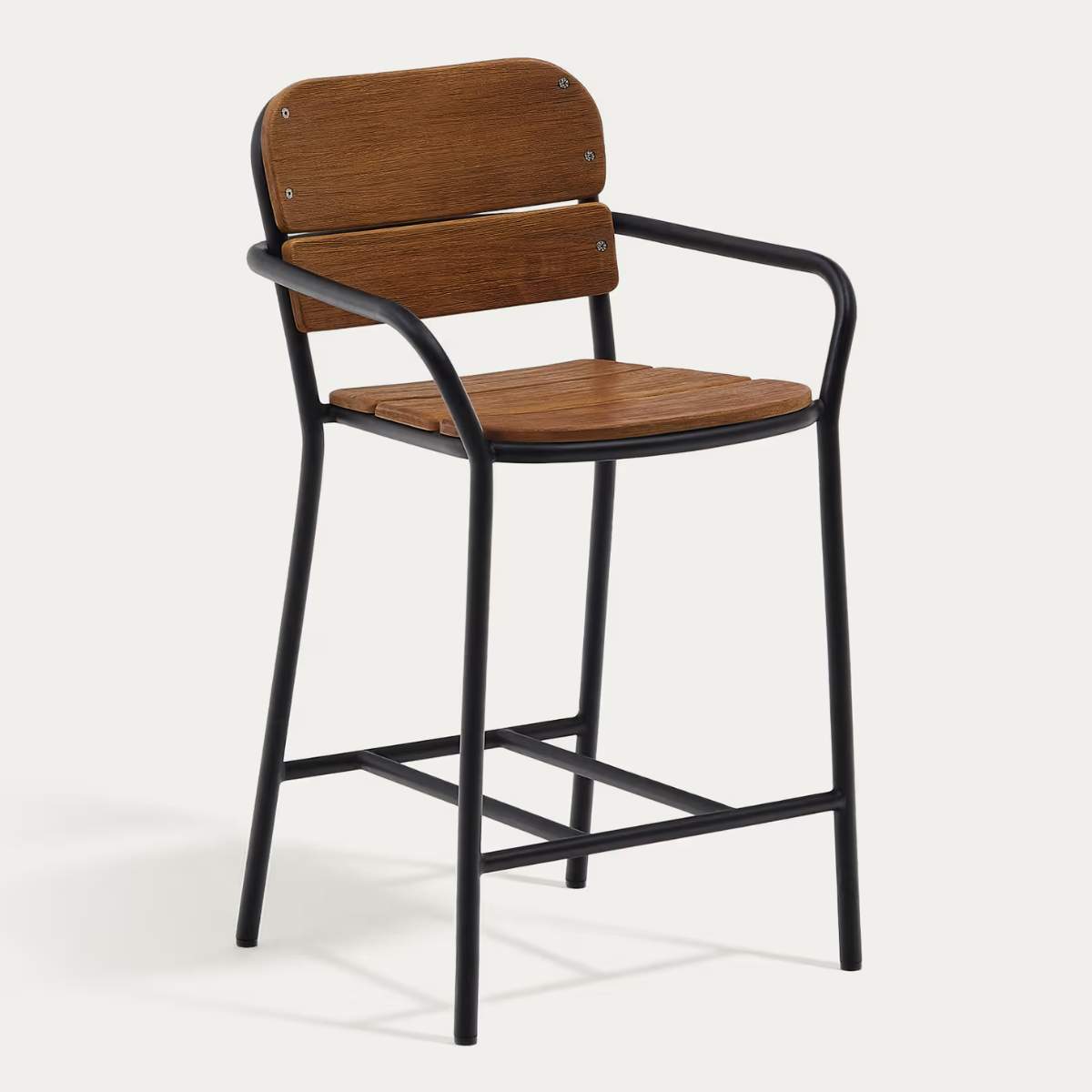 Kave Home Algueret Stool Solid Eucalyptus Wood Natural Finish and Black Aluminum 65 cm FSC 100%