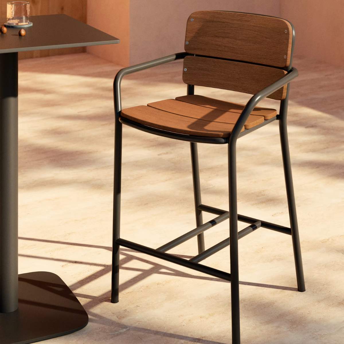 Kave Home Algueret Stool Solid Eucalyptus Wood Natural Finish and Black Aluminum 65 cm FSC 100%