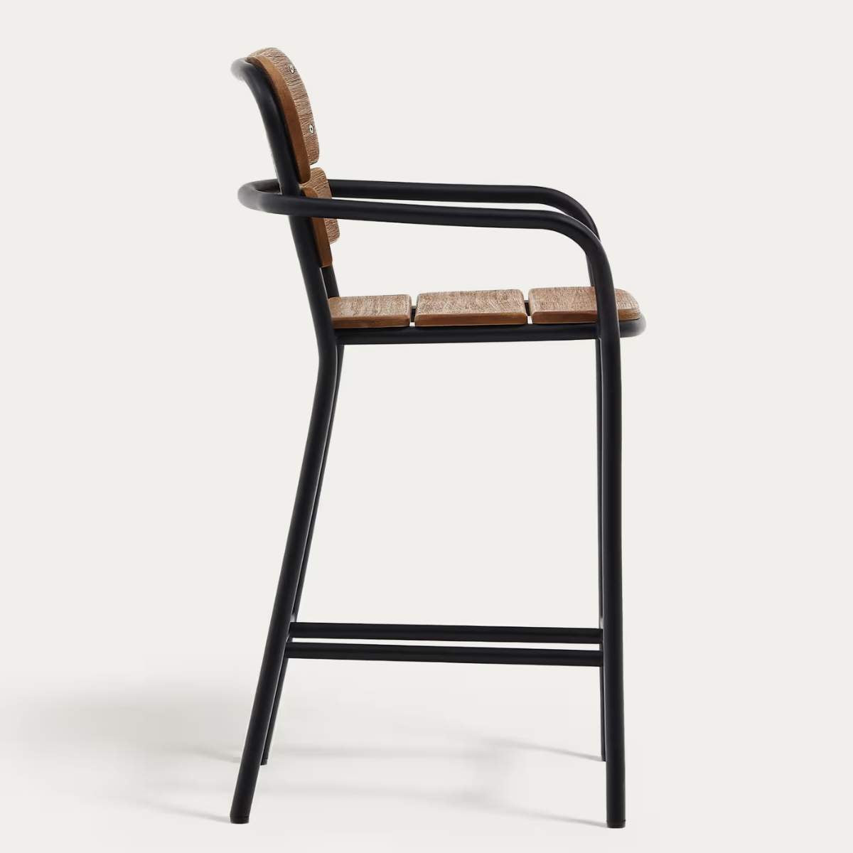 Kave Home Algueret Stool Solid Eucalyptus Wood Natural Finish and Black Aluminum 65 cm FSC 100%