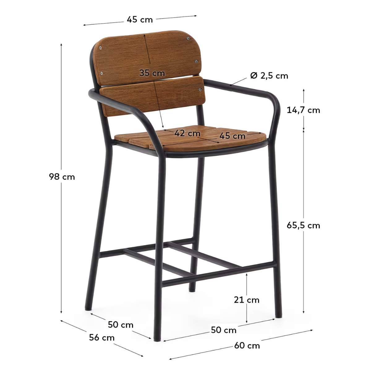 Kave Home Algueret Stool Solid Eucalyptus Wood Natural Finish and Black Aluminum 65 cm FSC 100%