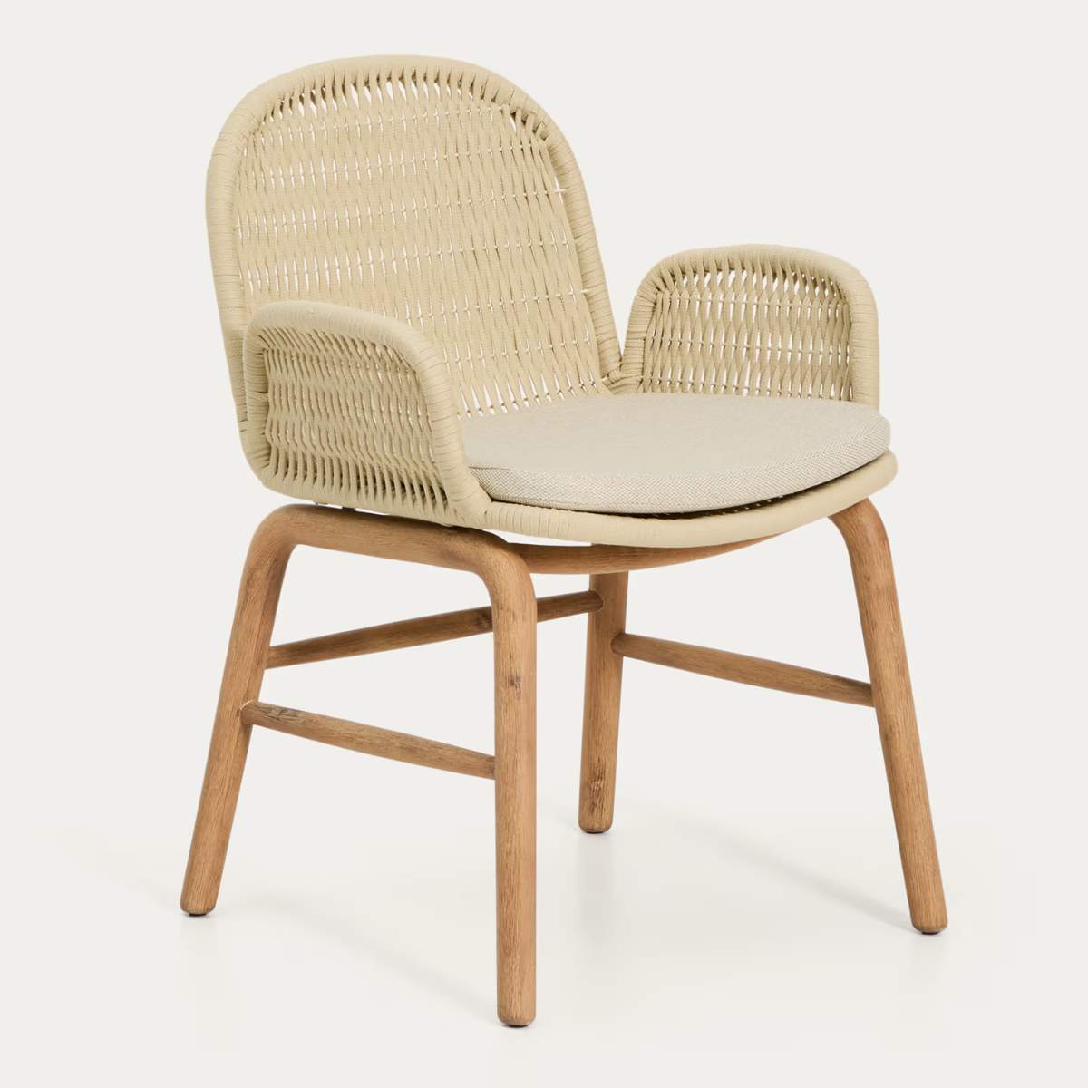 Kave Home Alipa chair with armrests in FSC 100% solid acacia wood and dark grey rope cord