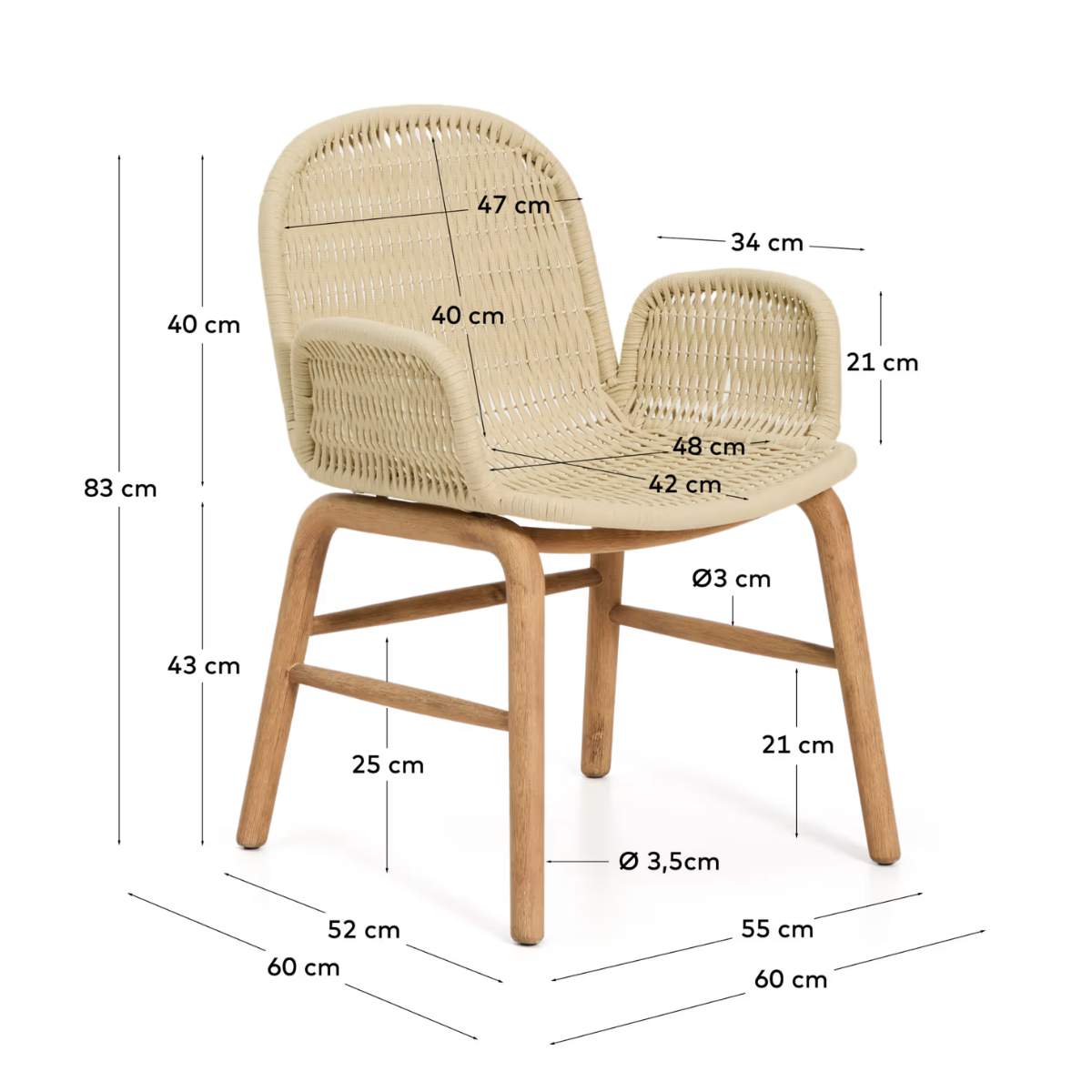 Kave Home Alipa chair with armrests in FSC 100% solid acacia wood and dark grey rope cord