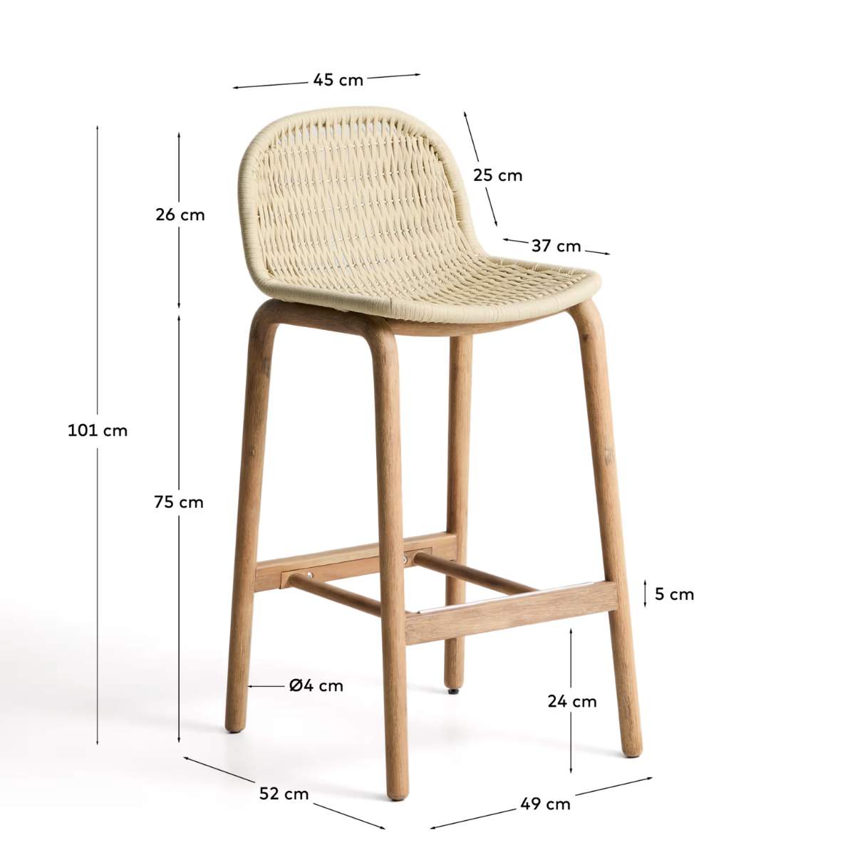 Kave Home Alipa stool in FSC 100% solid acacia wood and dark grey rope cord 75 cm