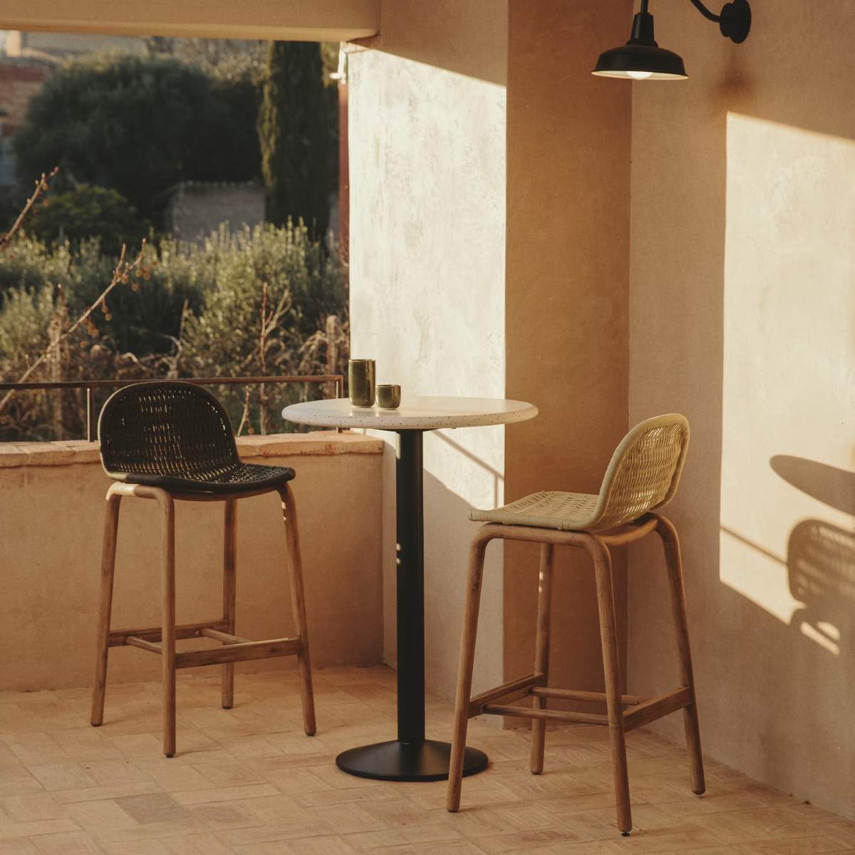 Kave Home Alipa stool in FSC 100% solid acacia wood and dark grey rope cord 75 cm
