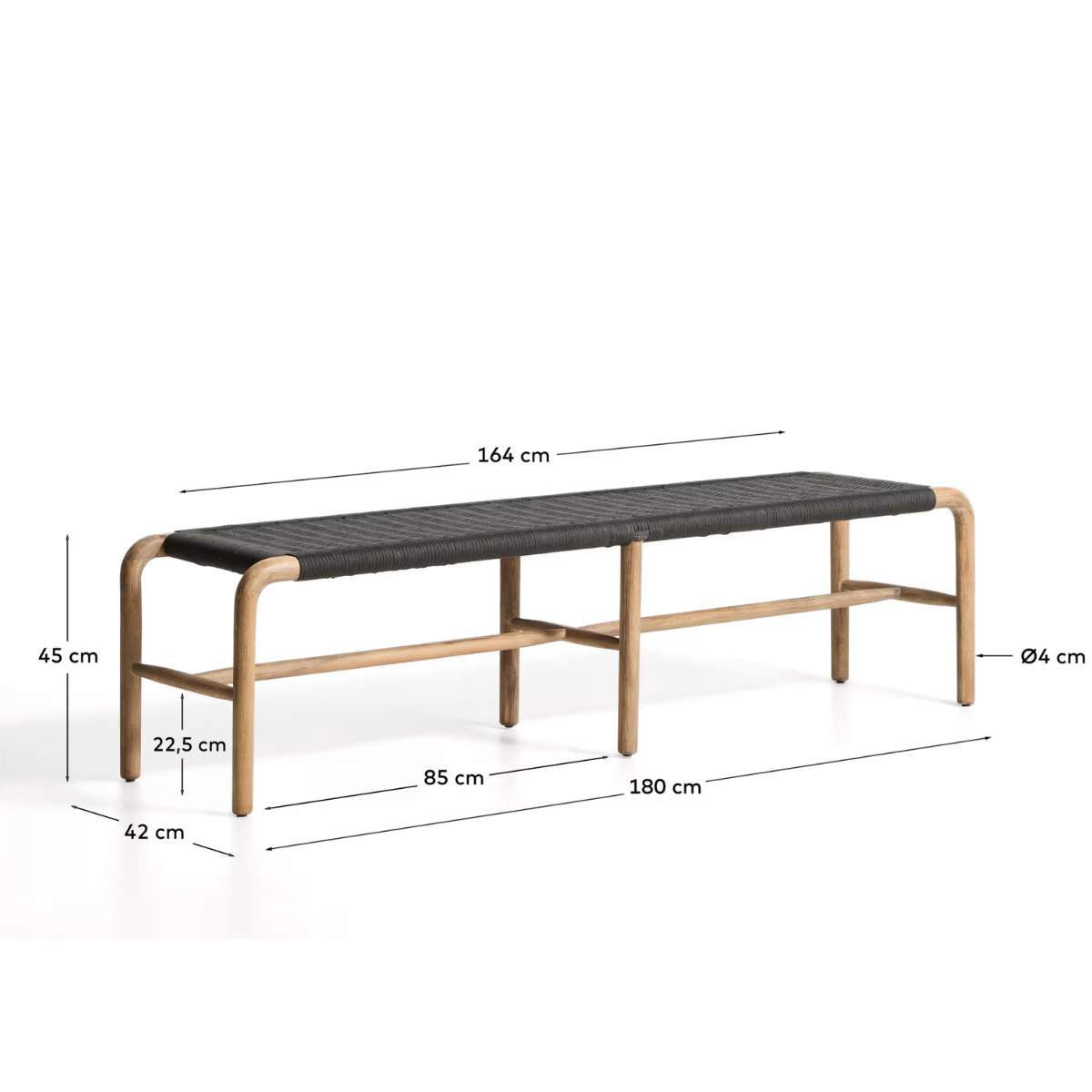 Kave Home Alipa bench in FSC 100% solid acacia wood and dark grey rope cord 200 cm