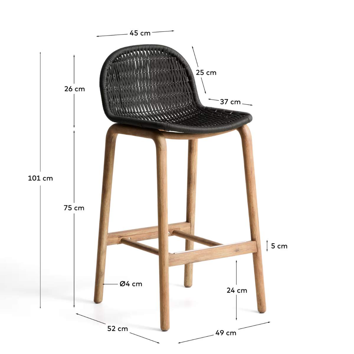 Kave Home Alipa stool in FSC 100% solid acacia wood and dark grey rope cord 75 cm
