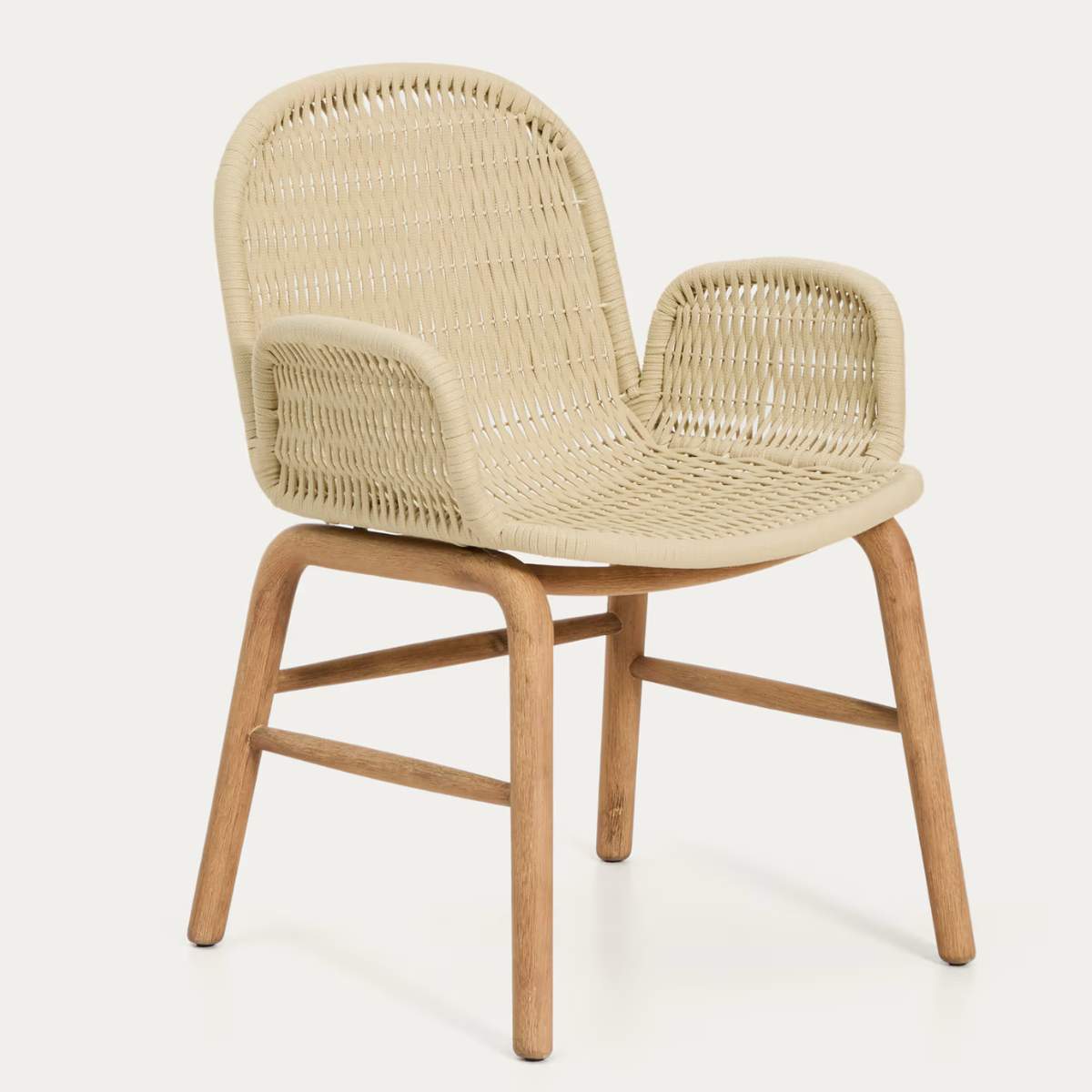 Kave Home Alipa chair with armrests in FSC 100% solid acacia wood and dark grey rope cord