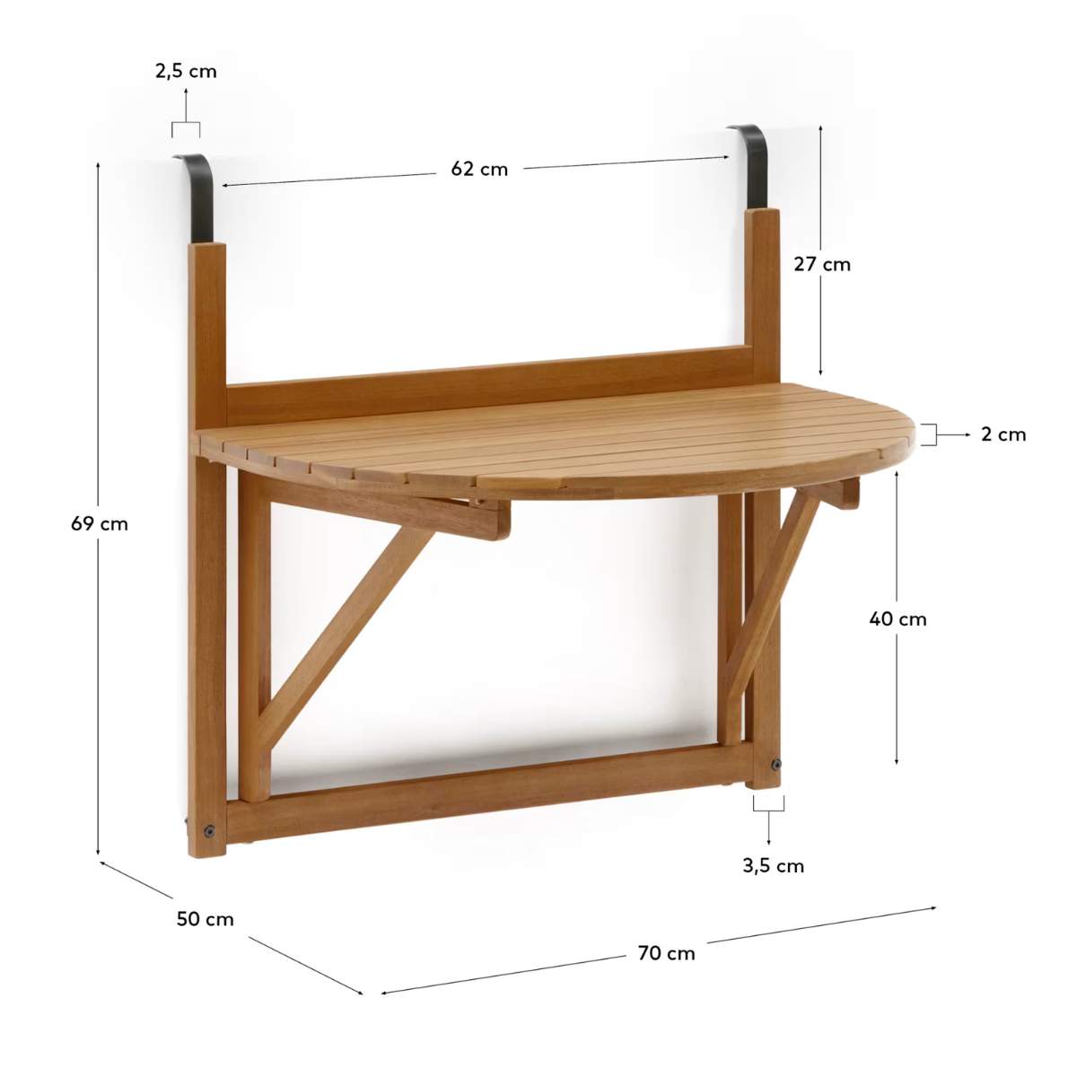 Kave Home Amarilis folding balcony table made from solid acacia wood, 50 x 70 cm FSC 100%