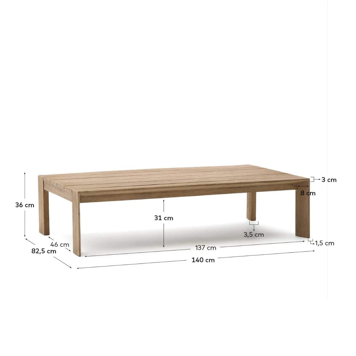 Kave Home Ambra coffee table in solid acacia wood with light finish 82.5 x 140cm FSC 100%