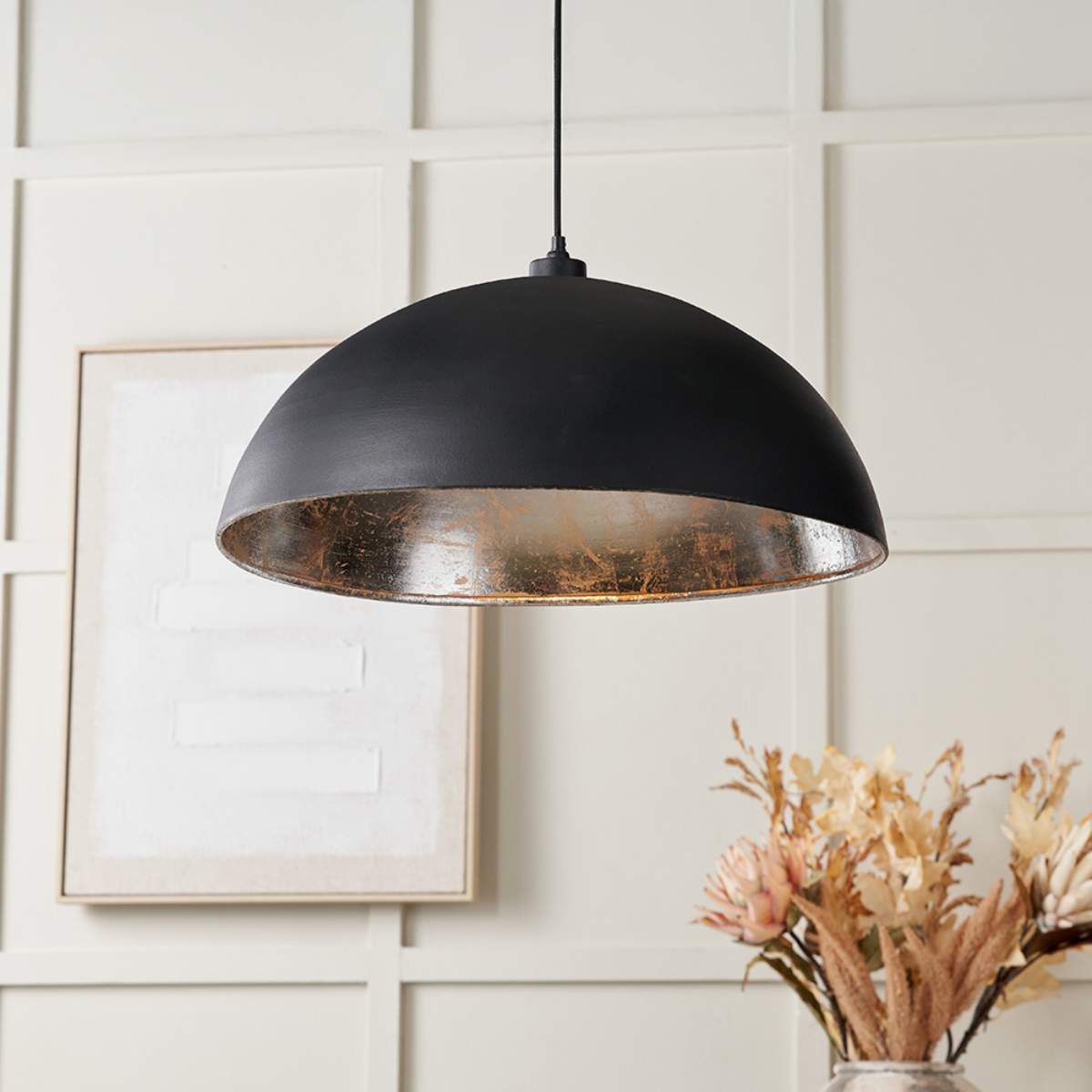 Pacific Lifestyle Anders Matt Black and Silver Leaf Metal Dome Pendant