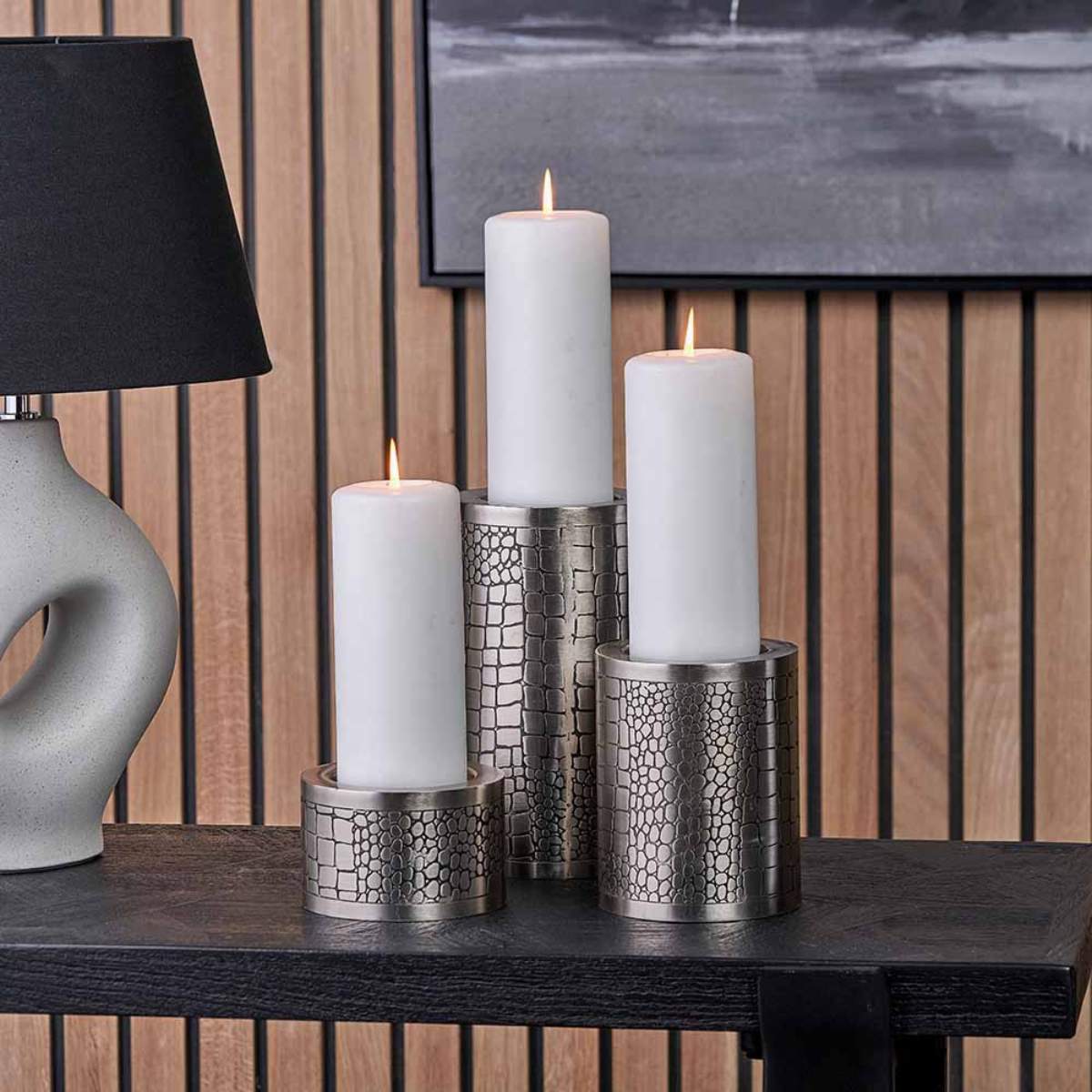 Pacific Lifestyle S/3 Antique Silver Croc Print Metal Pillar Candle Holders