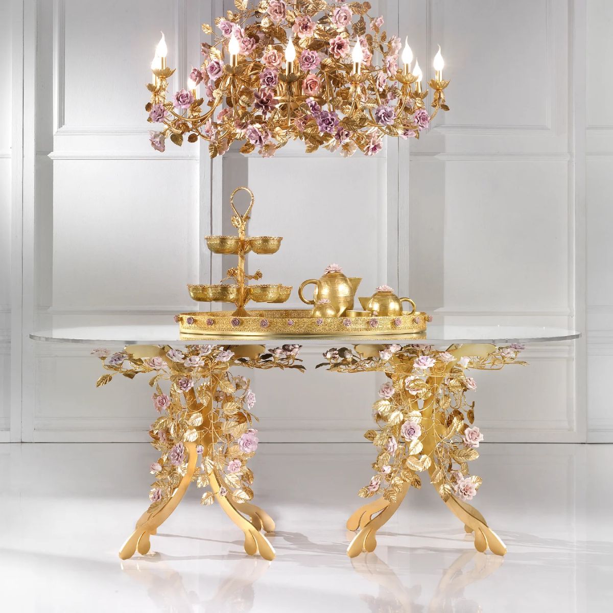 Villari Marie Antoinette Dining Table - Gold & Pink