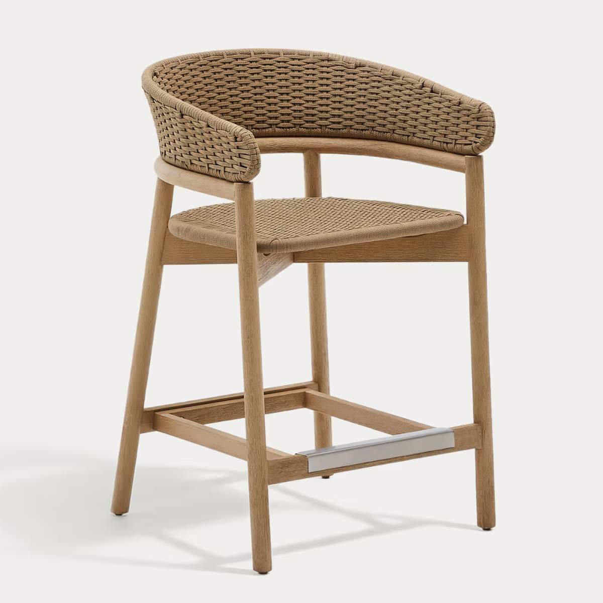 Kave Home Arinella stool in FSC 100% solid acacia wood with natural finish and beige rope cord 65cm