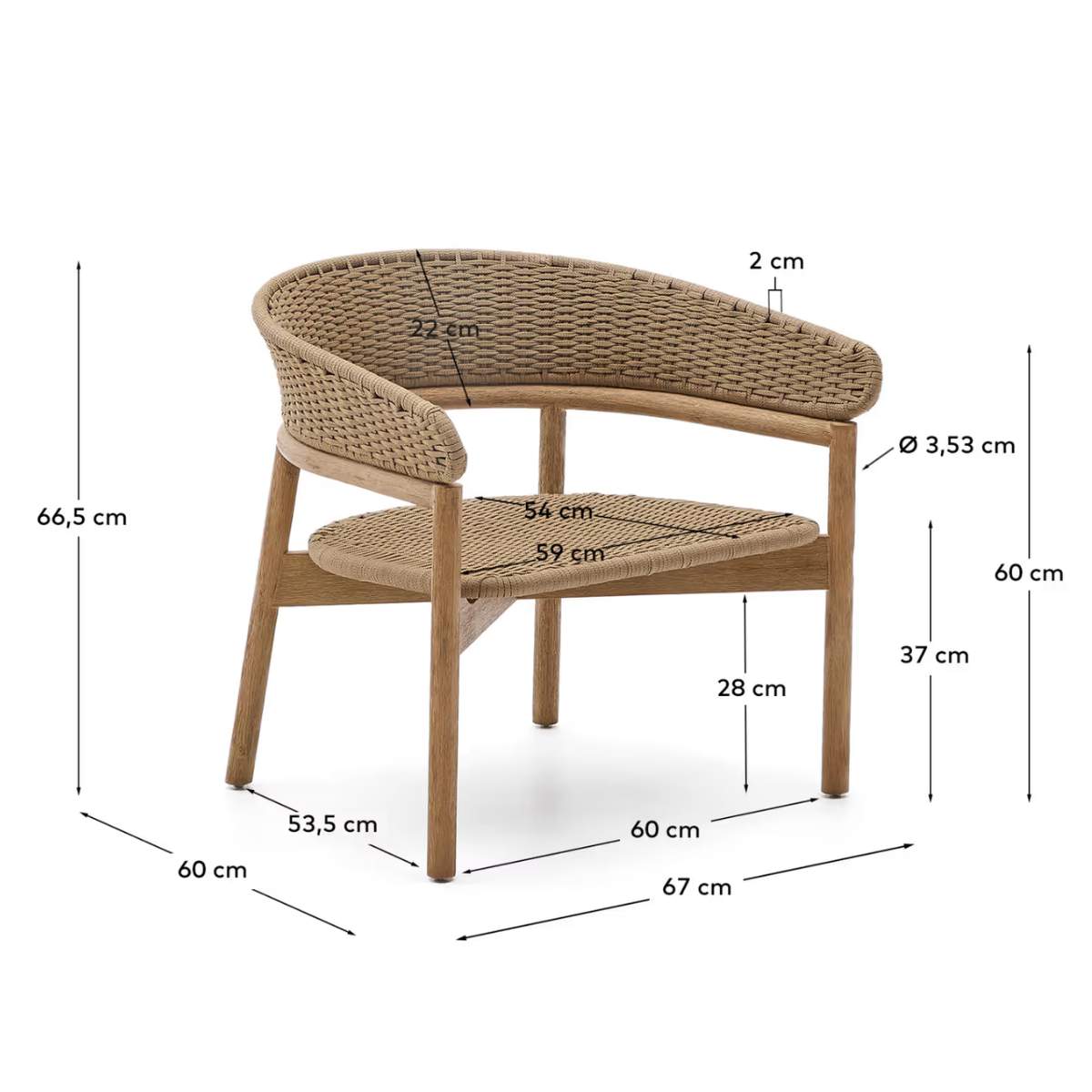 Kave Home Arinella armchair in FSC 100% solid acacia wood with natural finish and beige rope cord