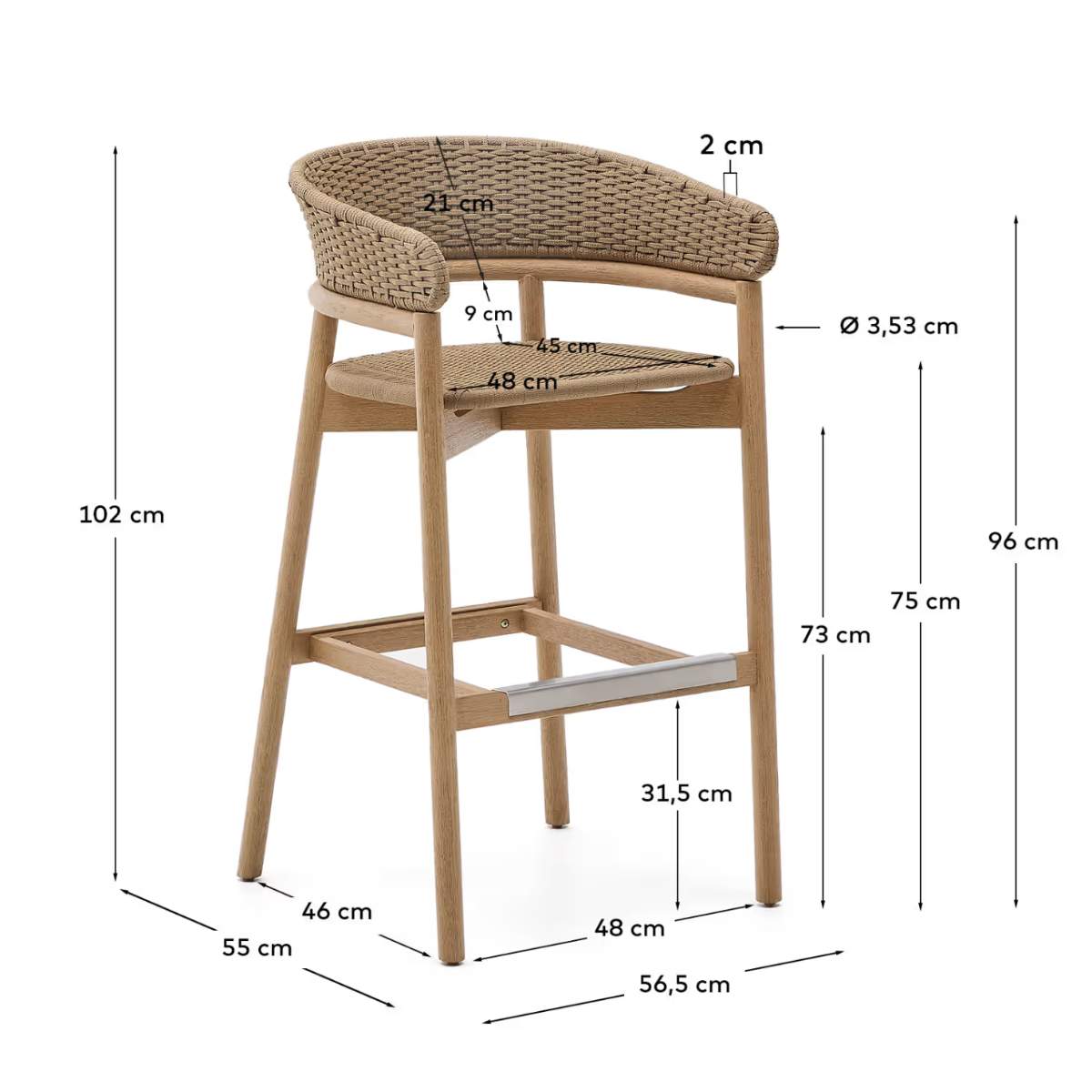 Kave Home Arinella stool in FSC 100% solid acacia wood with natural finish and beige rope cord 75cm