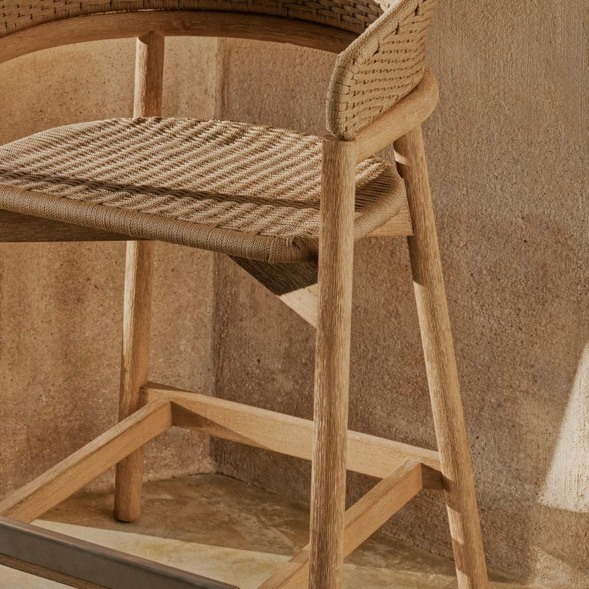 Kave Home Arinella stool in FSC 100% solid acacia wood with natural finish and beige rope cord 65cm