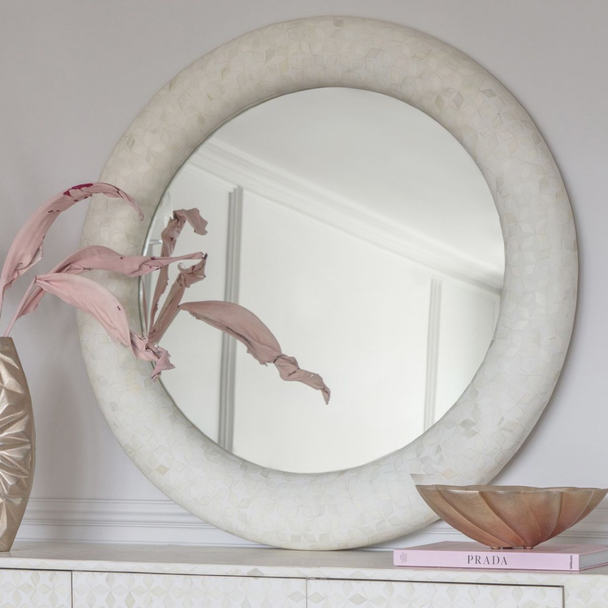 Libra Interiors Aspen Bone Inlay Round Mirror 100cm