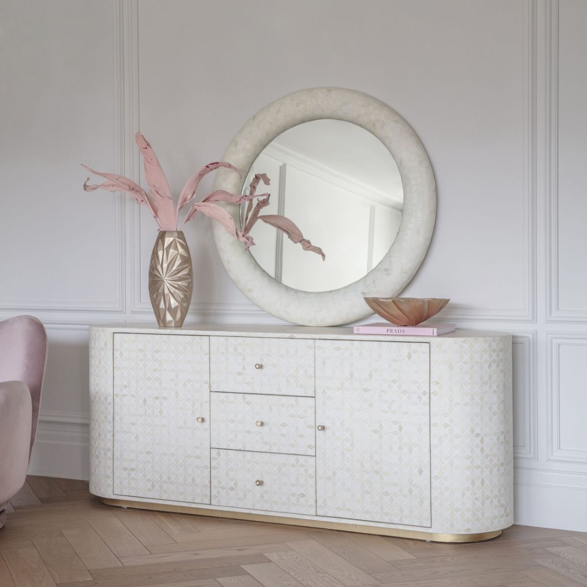 Libra Interiors Aspen Bone Inlay Round Mirror 100cm