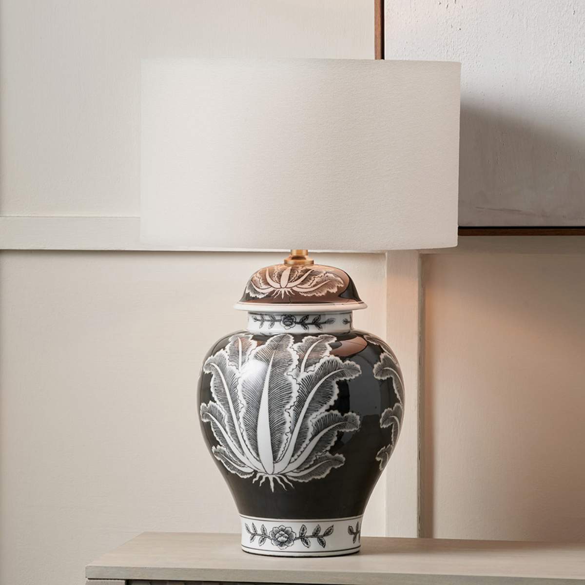 Pacific Lifestyle Asteria Black and White Feather Ceramic Urn Table Lamp Base