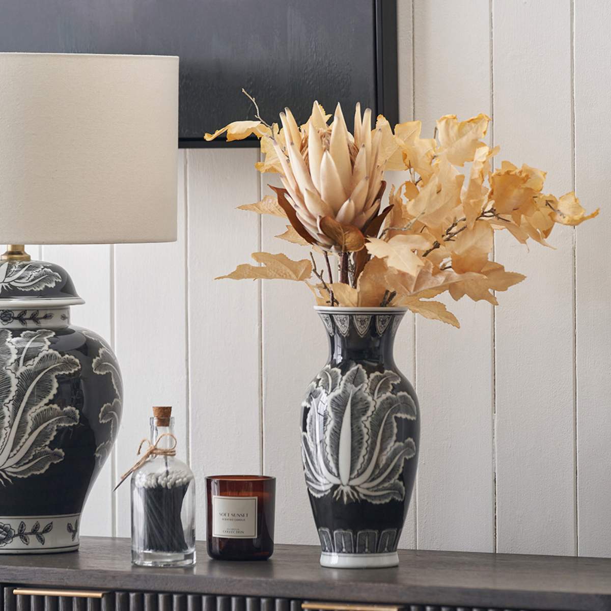 Pacific Lifestyle Asteria Black and White Feather Ceramic Urn Vase