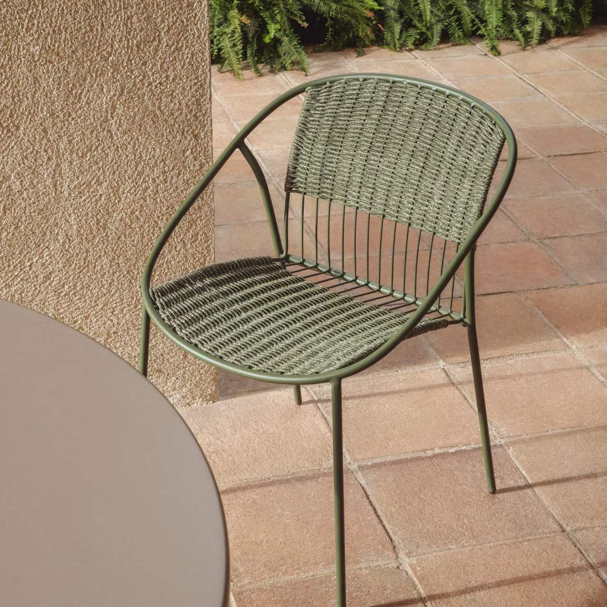 Kave Home Atrani stackable outdoor chair in galvanised steel and green rope