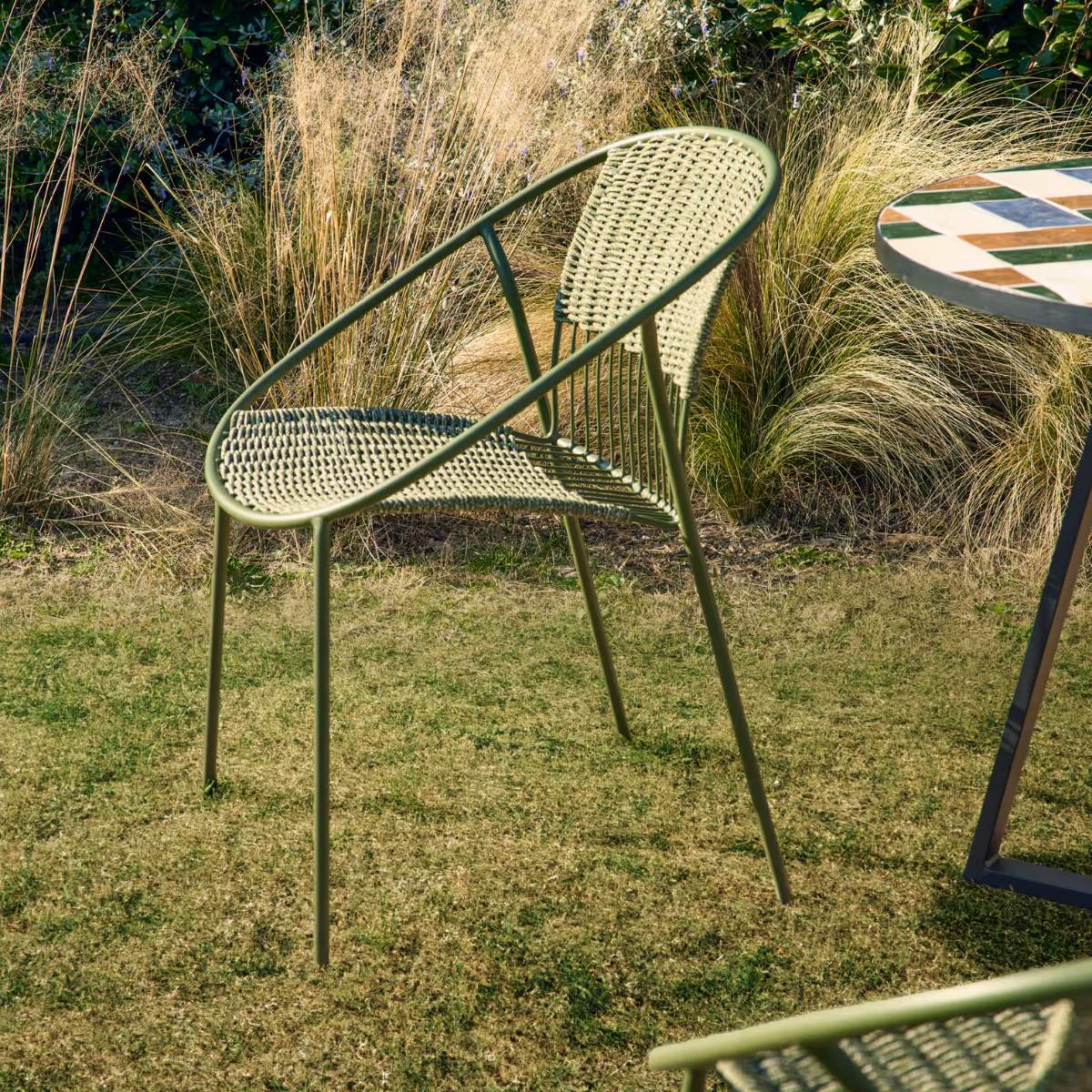 Kave Home Atrani stackable outdoor chair in galvanised steel and green rope