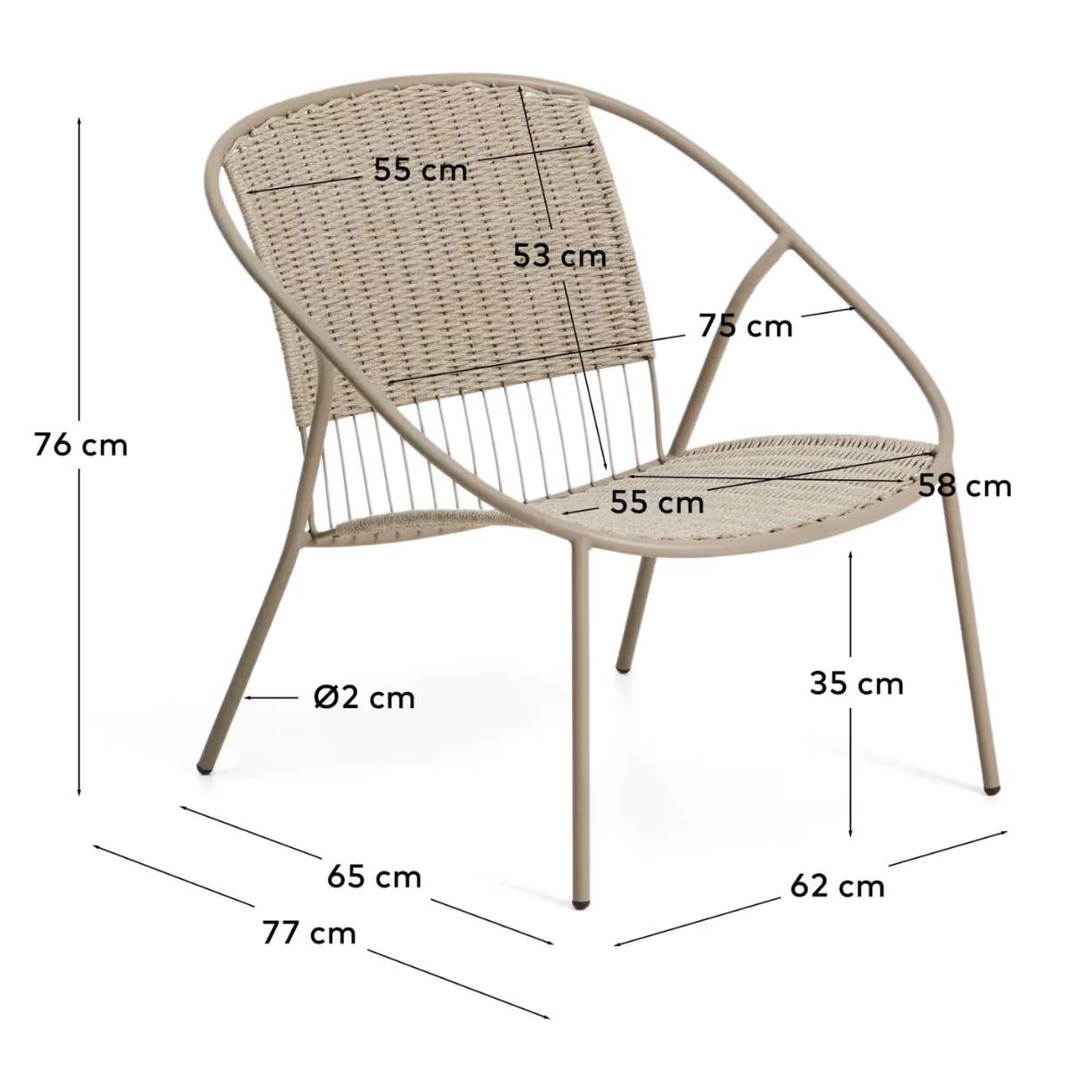 Kave Home Atrani stackable armchair in galvanized steel and green rope