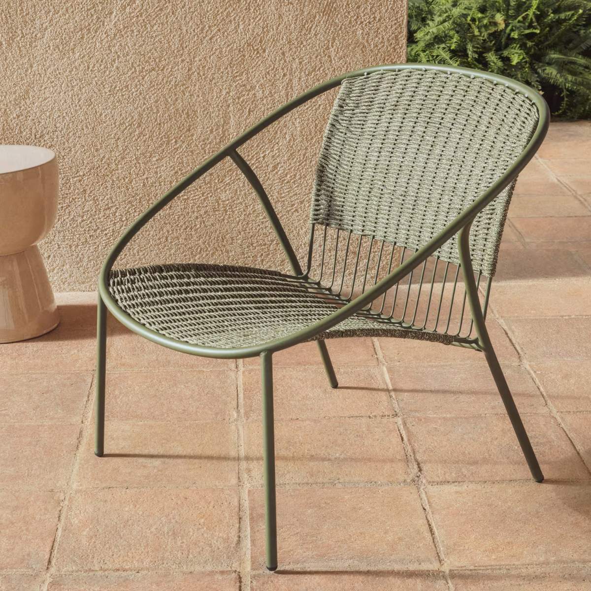 Kave Home Atrani stackable armchair in galvanized steel and green rope