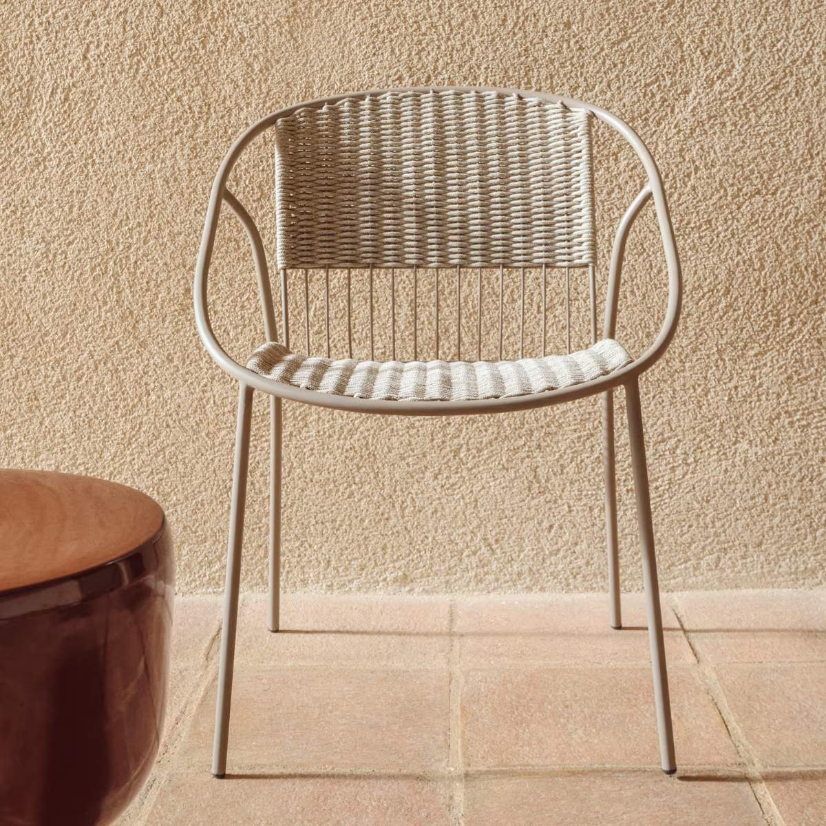 Kave Home Atrani stackable outdoor chair in galvanised steel and green rope