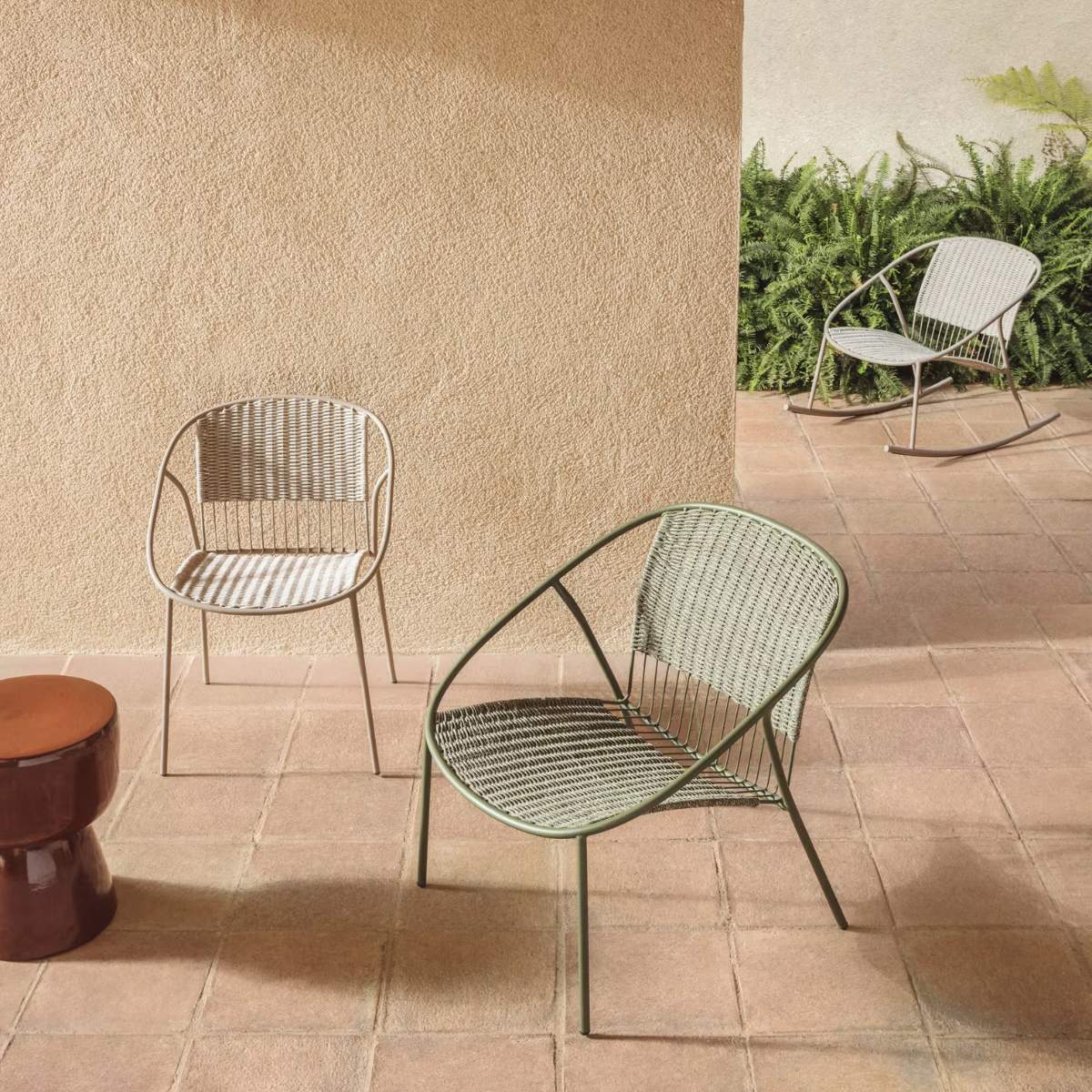 Kave Home Atrani stackable armchair in galvanized steel and green rope