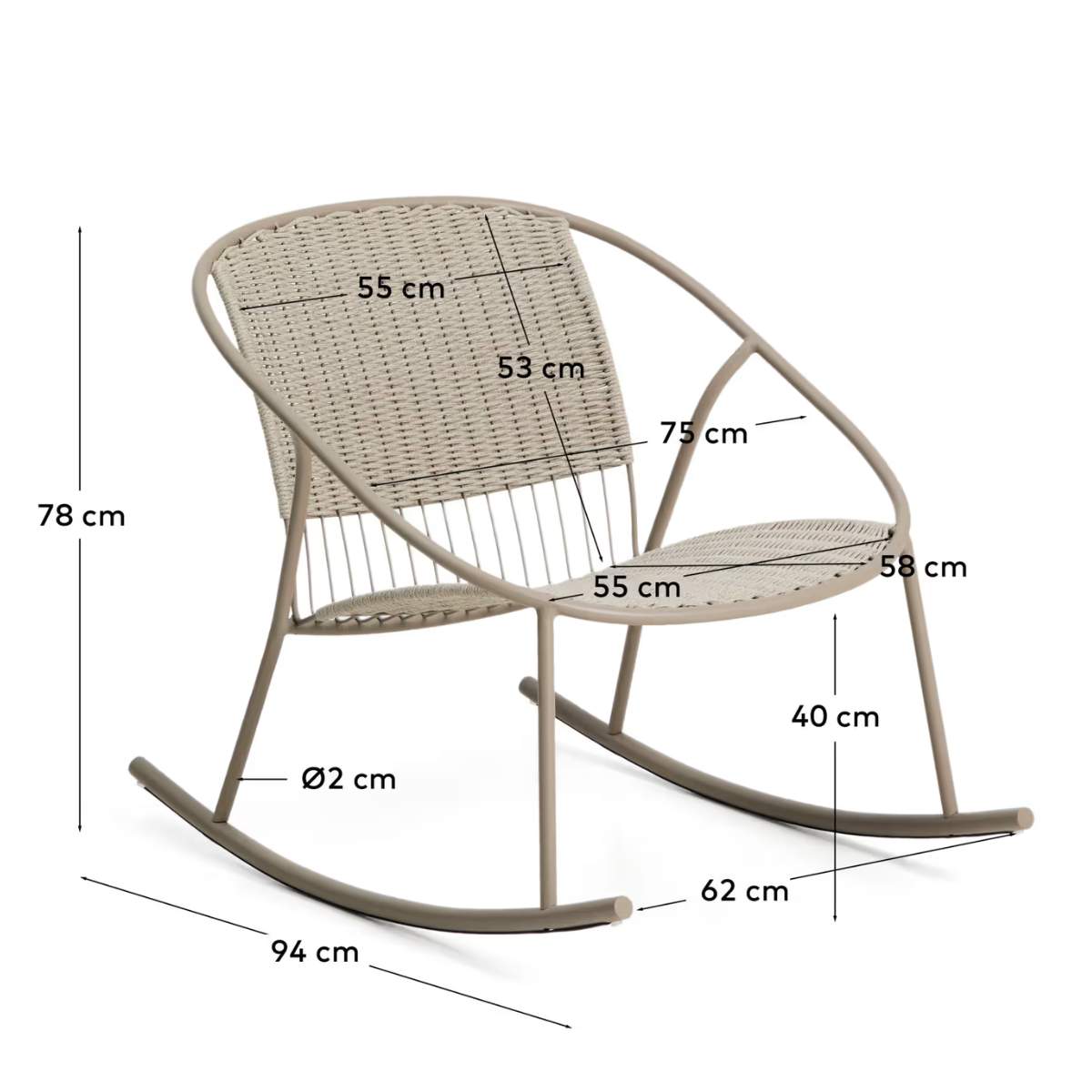 Kave Home Atrani rocking chair in galvanized steel and green rope