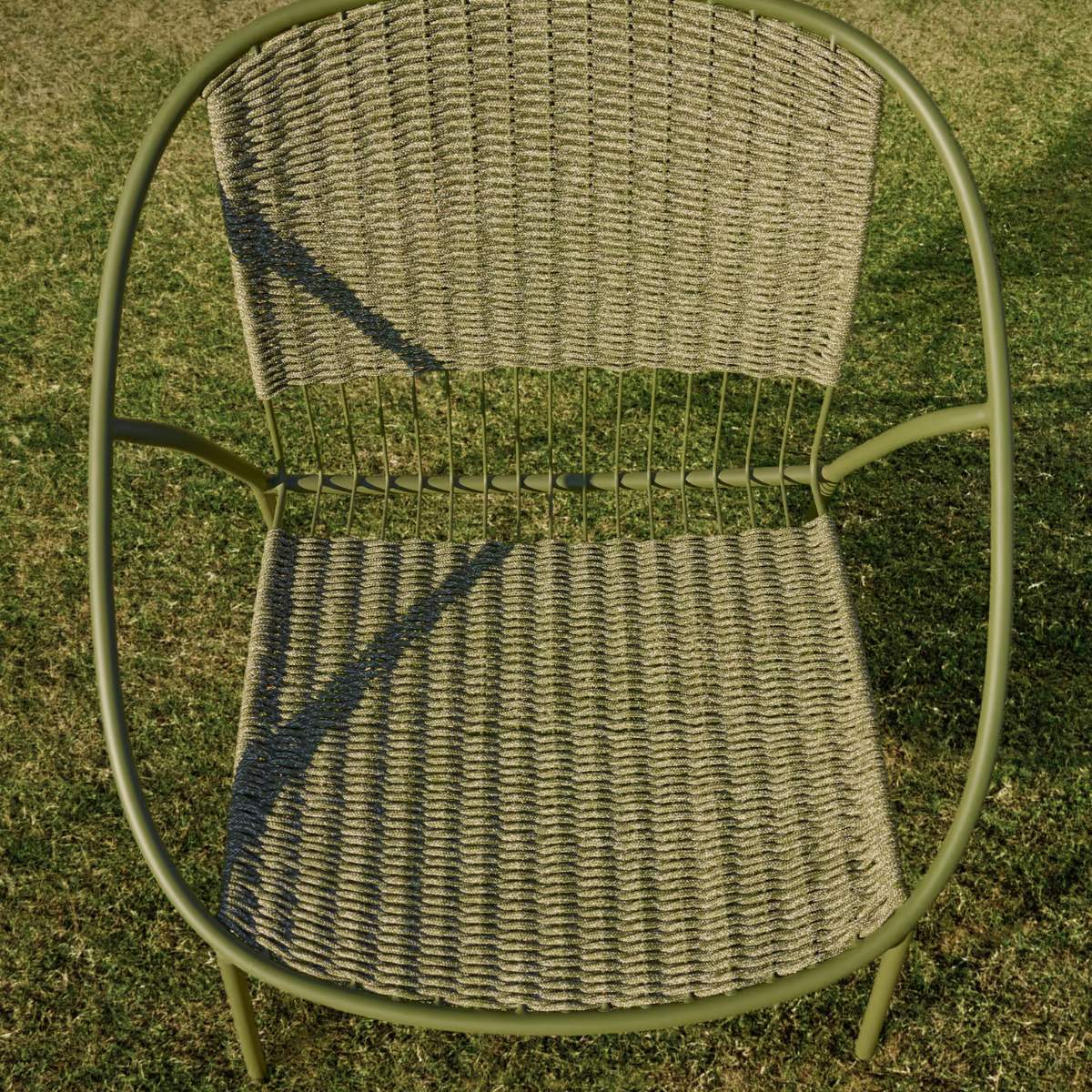 Kave Home Atrani stackable armchair in galvanized steel and green rope