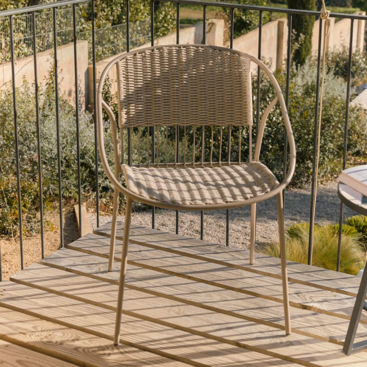 Kave Home Atrani stackable outdoor chair in galvanised steel and green rope