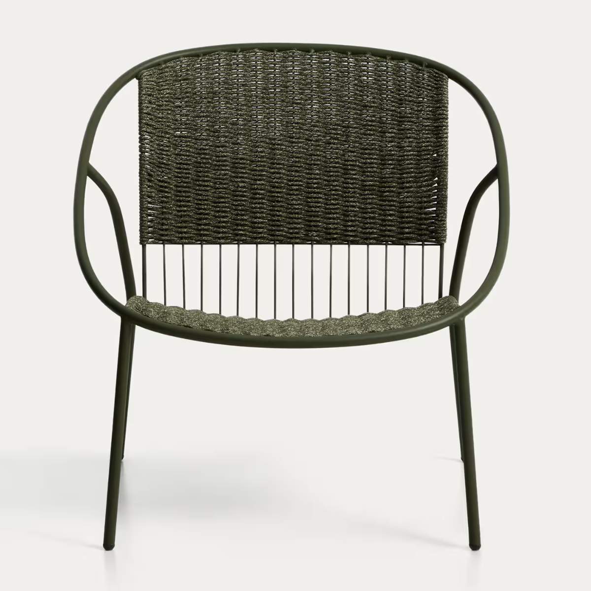 Kave Home Atrani stackable armchair in galvanized steel and green rope