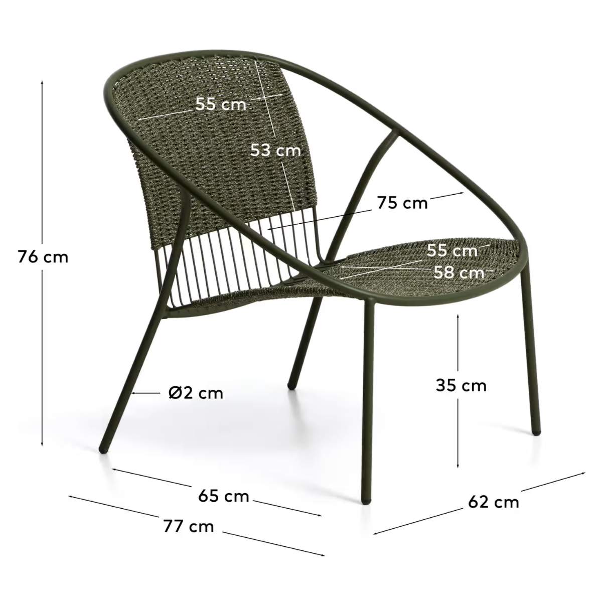 Kave Home Atrani stackable armchair in galvanized steel and green rope