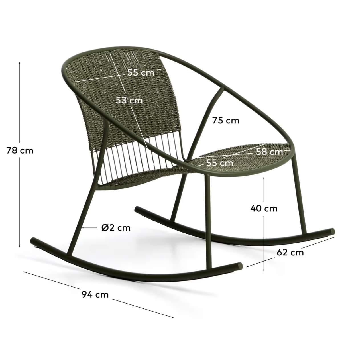Kave Home Atrani rocking chair in galvanized steel and green rope