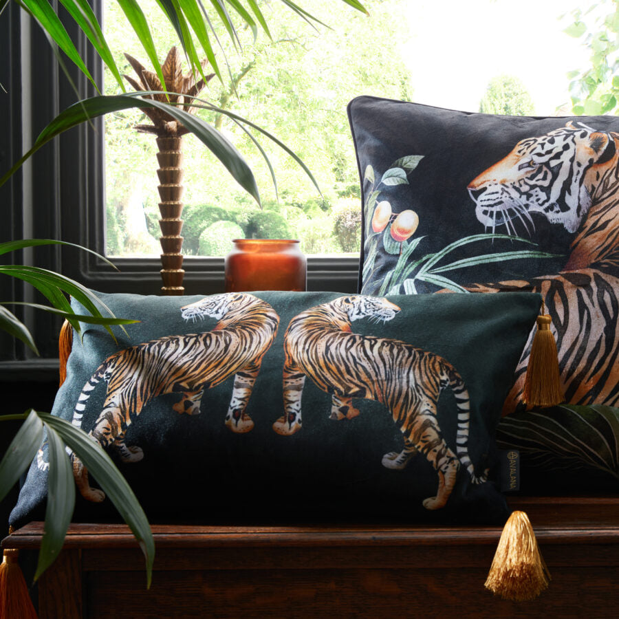 Avalana Tiger Tiger Tassel Velvet Cushion-Beaumonde