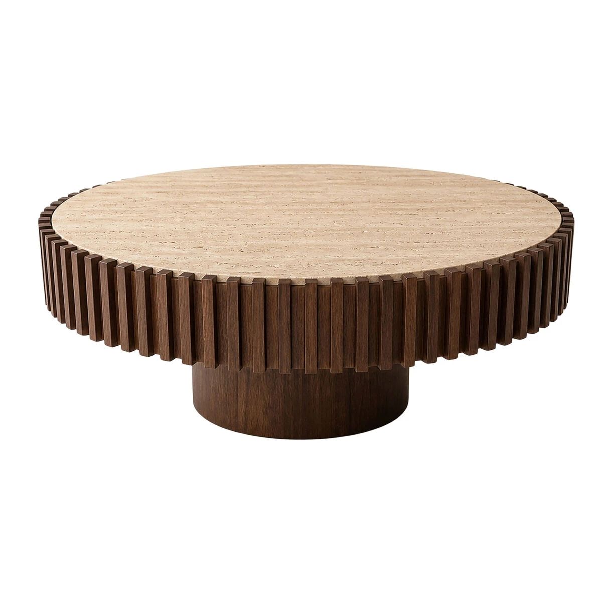 Beaumonde Home Babel Round Travertine and Mango Wood Coffee Table