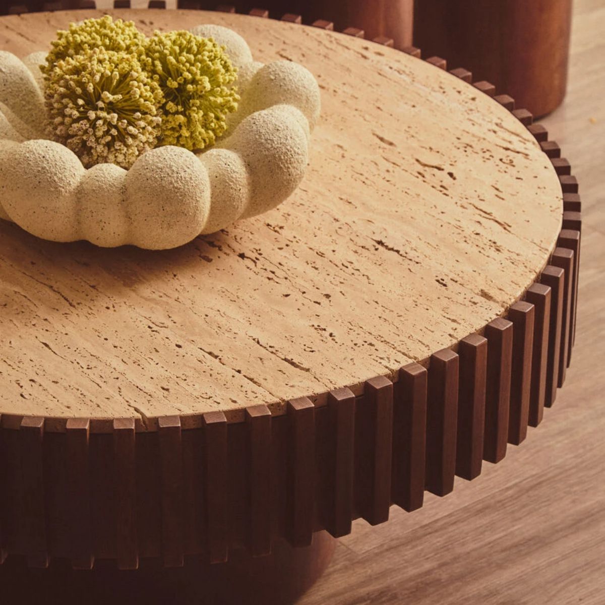 Beaumonde Home Babel Round Travertine and Mango Wood Coffee Table