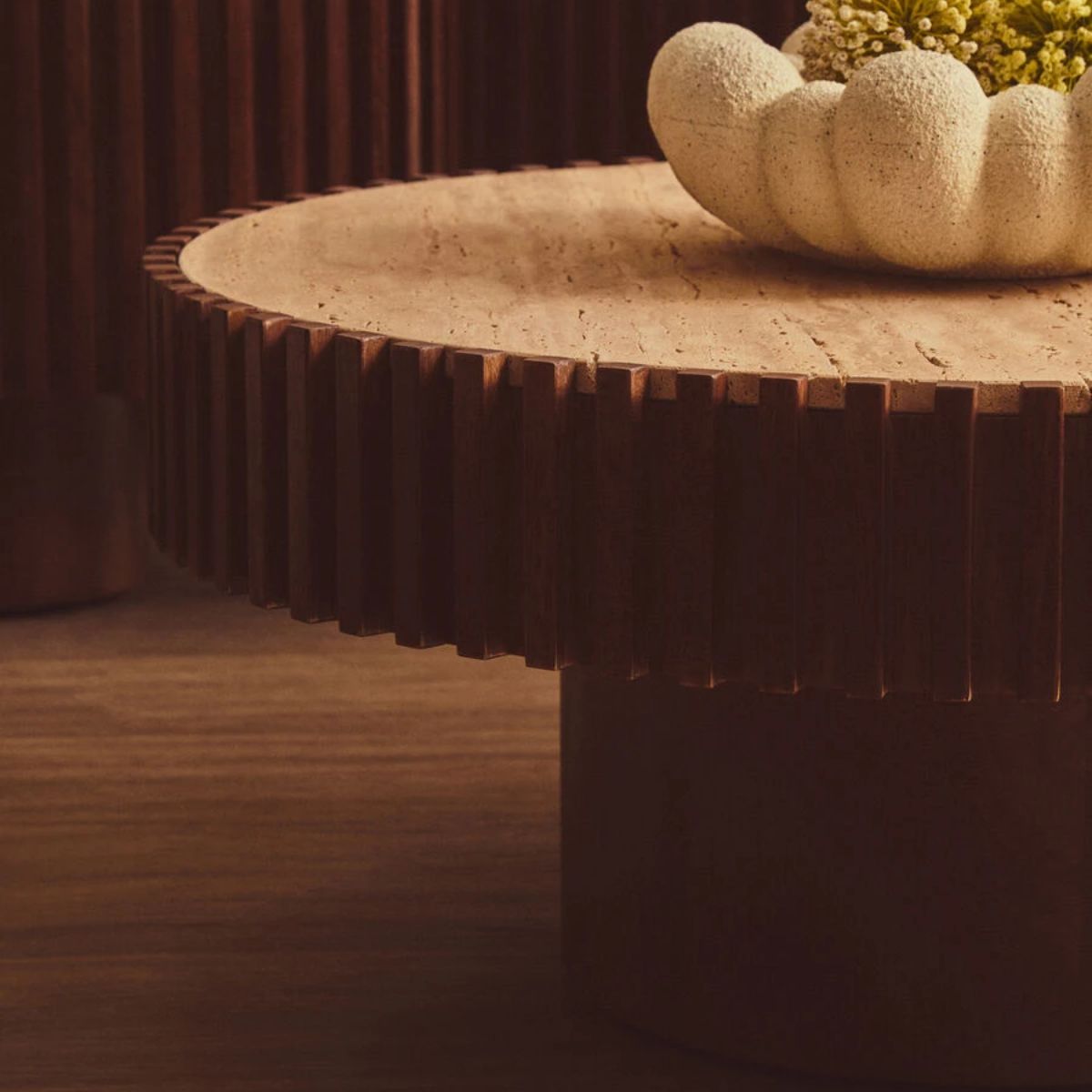 Beaumonde Home Babel Round Travertine and Mango Wood Coffee Table