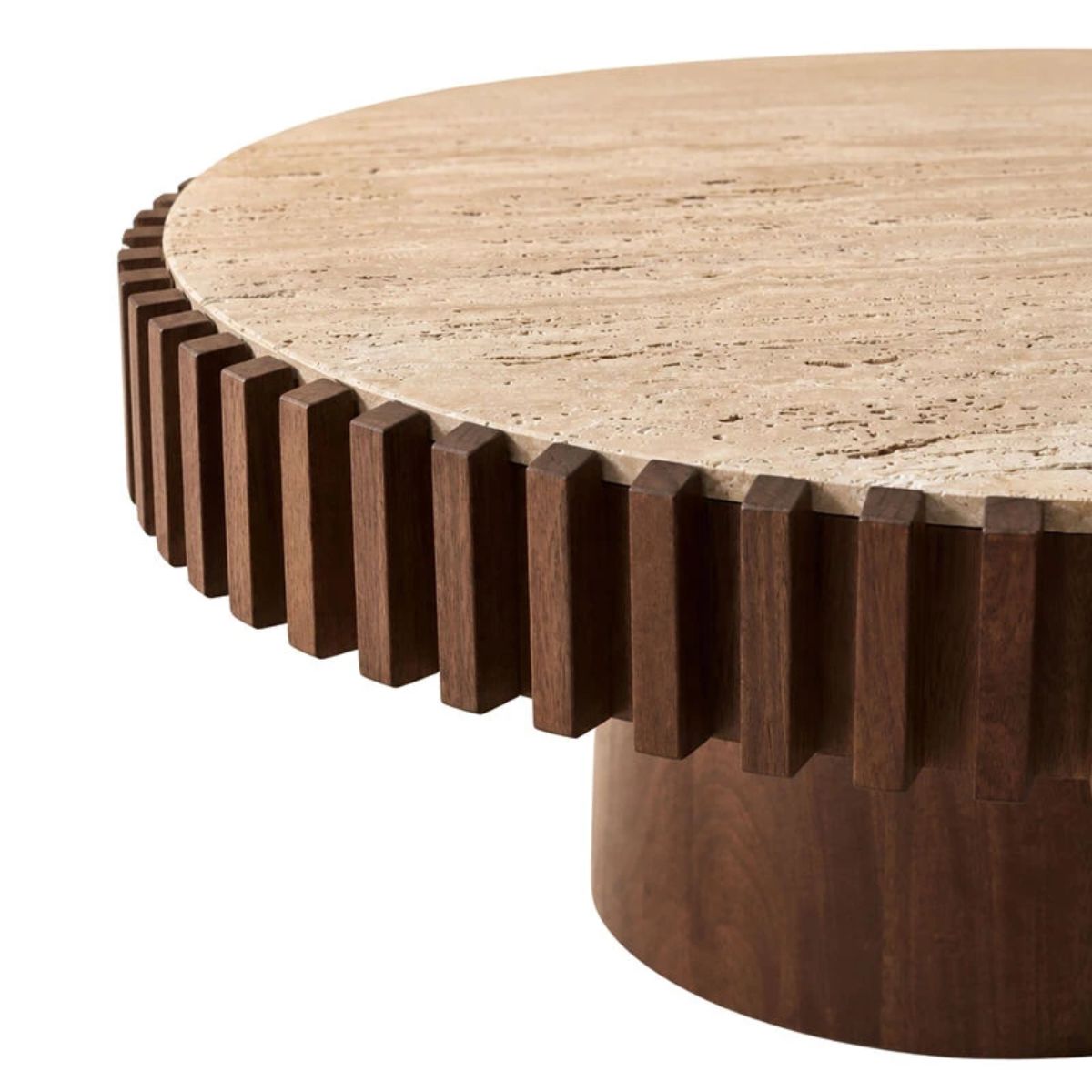 Beaumonde Home Babel Round Travertine and Mango Wood Coffee Table